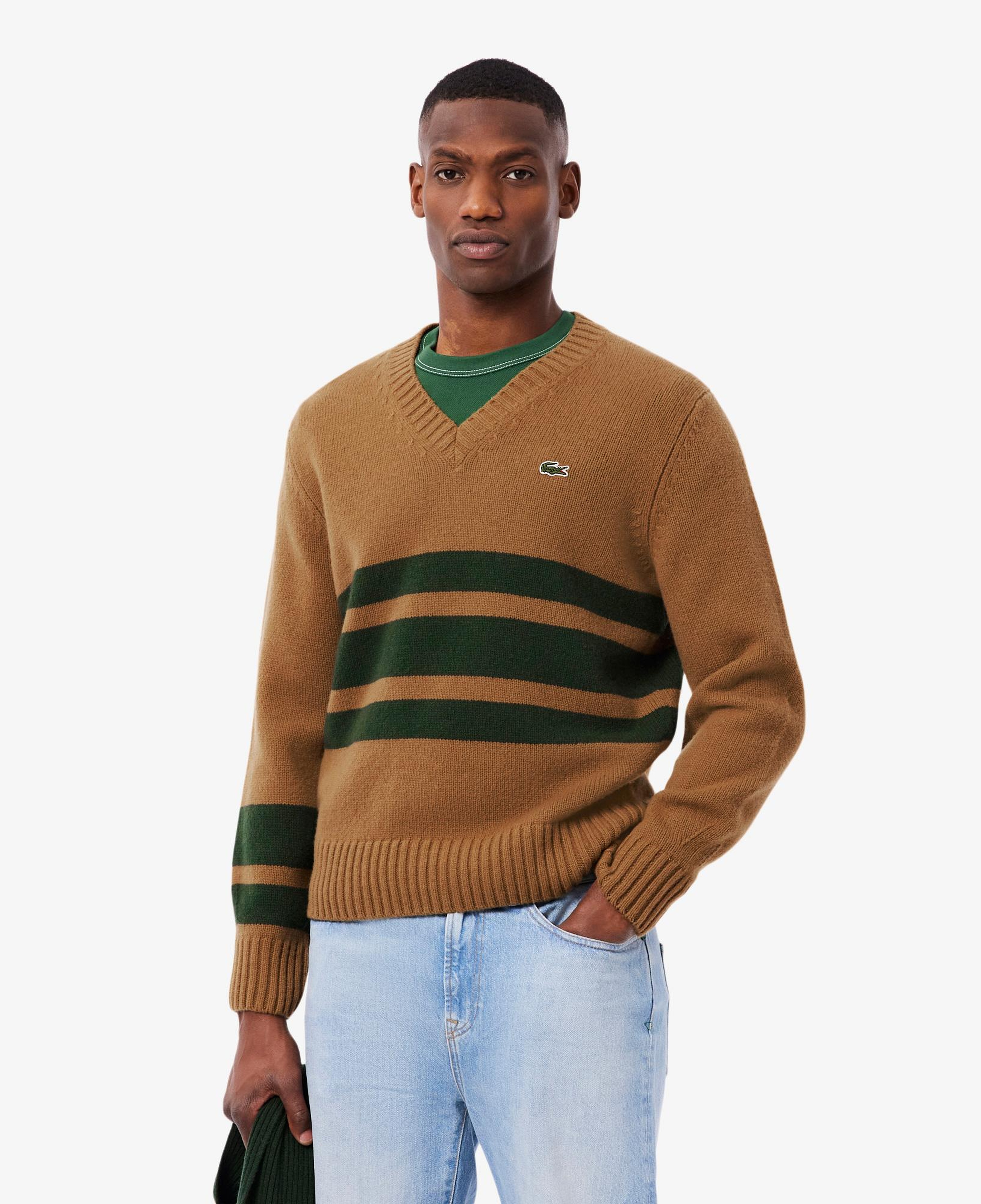 Lacoste Erkek Classic Fit V Yaka Çizgili Kahverengi Kazak