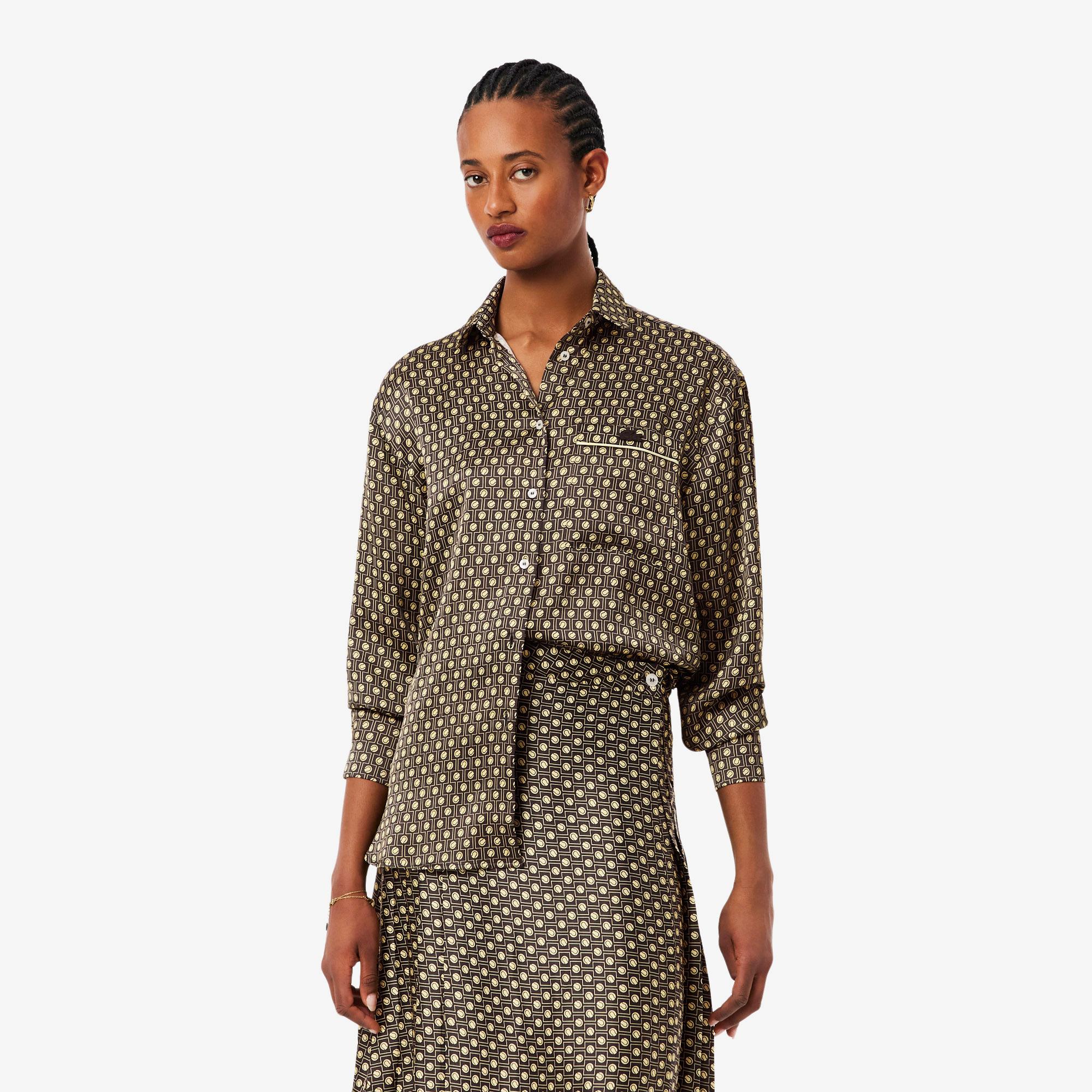 Lacoste Kadın Oversize Fit Desenli Kahverengi Gömlek