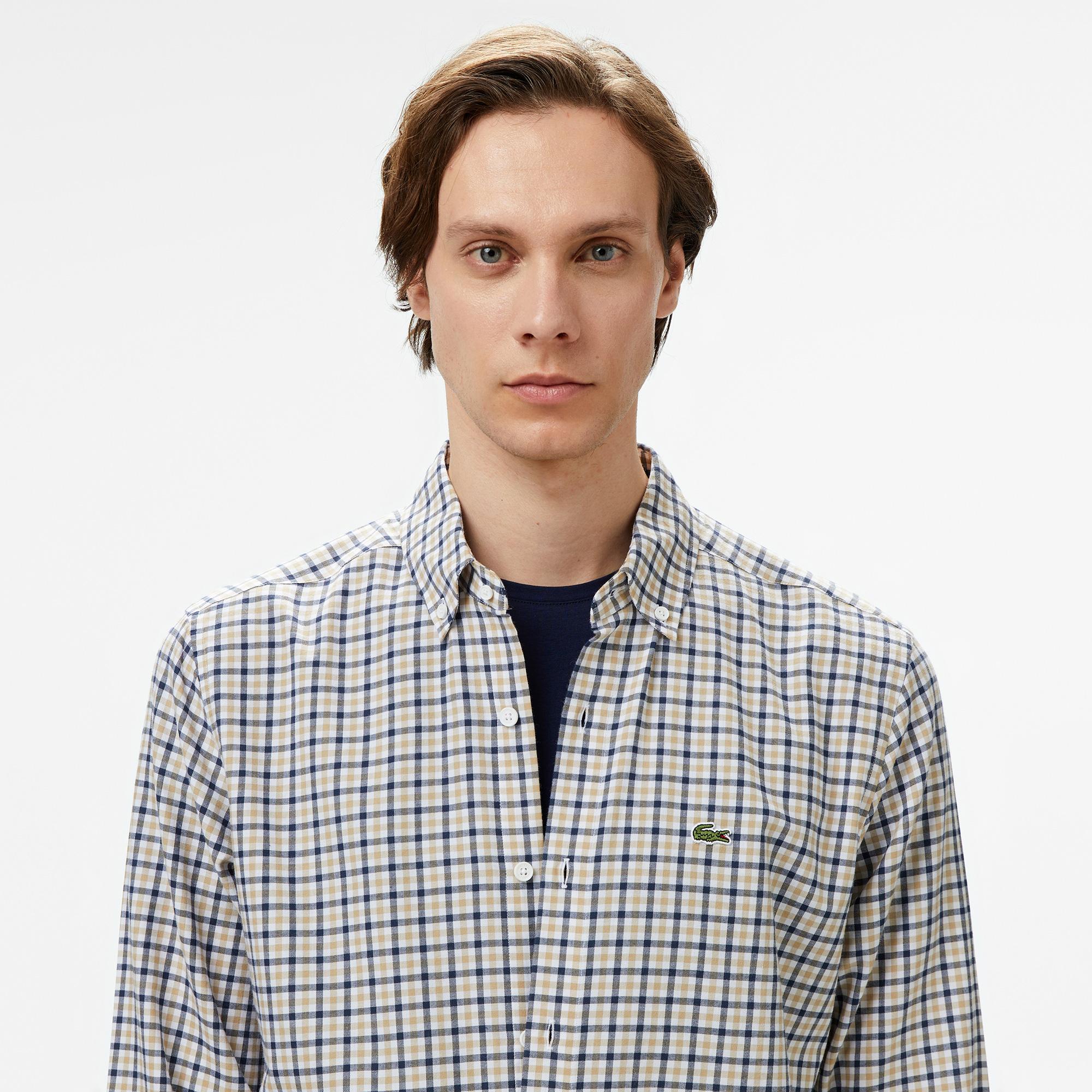 Lacoste Erkek Regular Fit Düğmeli Yaka Kareli Kahverengi Gömlek