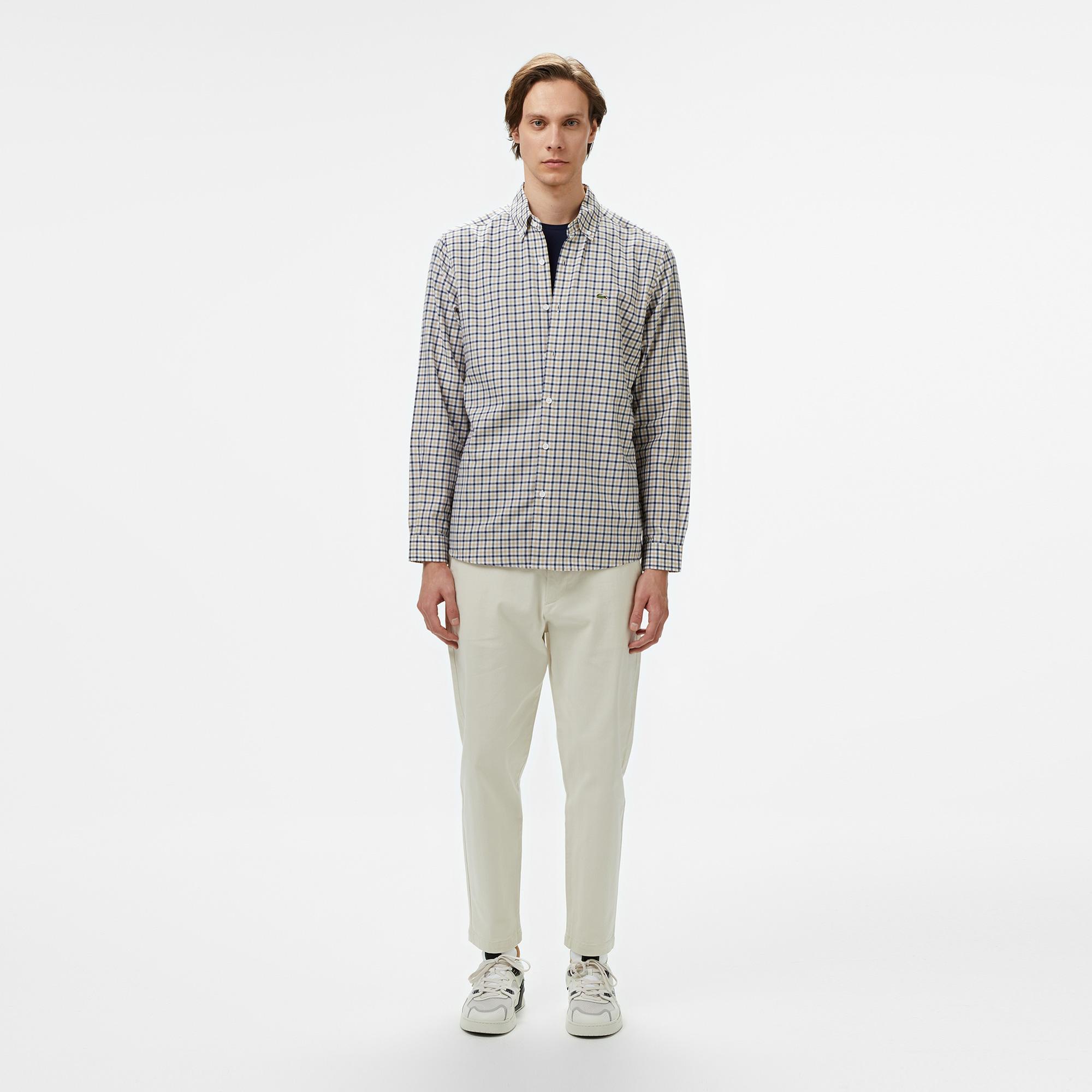 Lacoste Erkek Regular Fit Düğmeli Yaka Kareli Kahverengi Gömlek