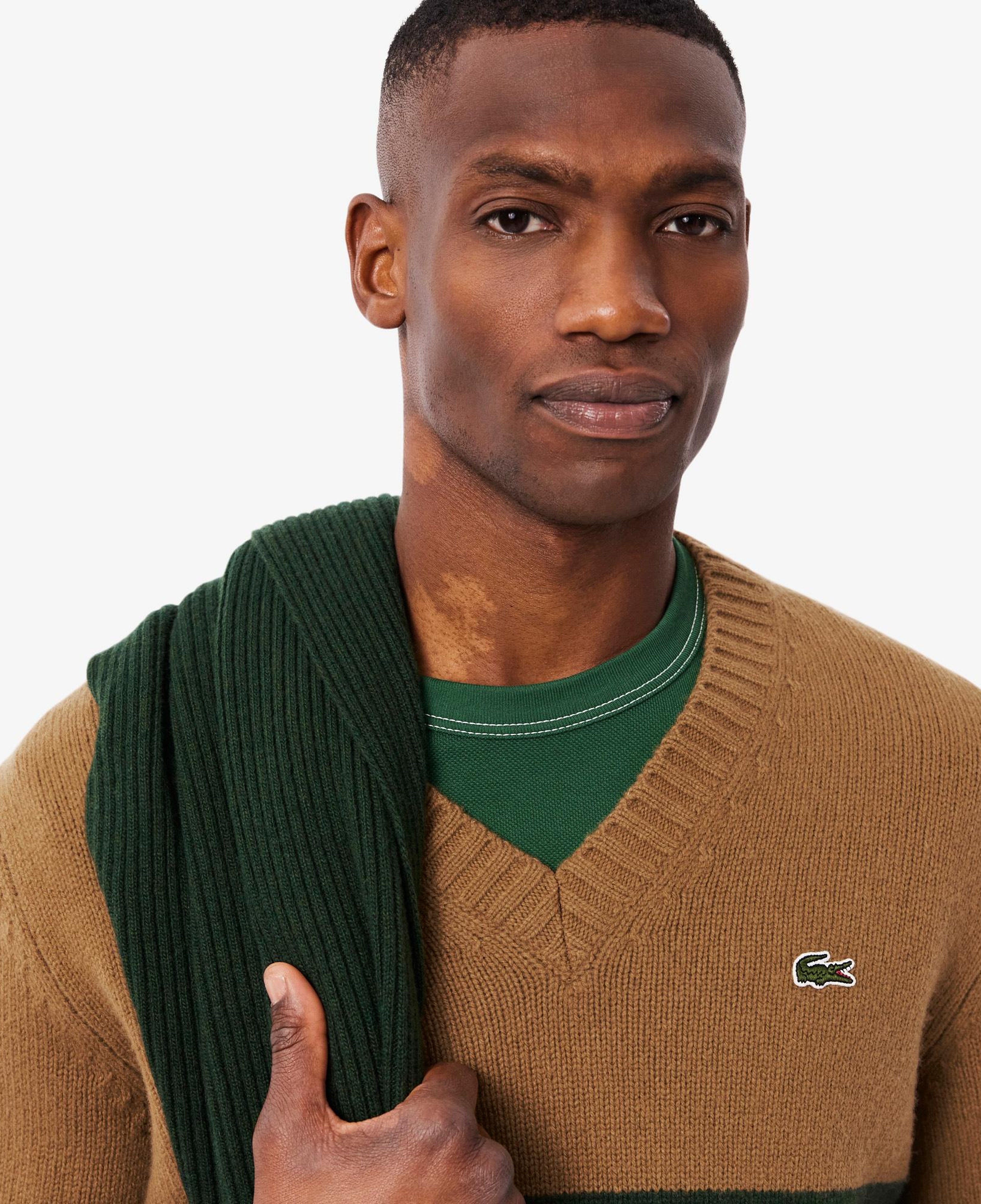 Lacoste Erkek Classic Fit V Yaka Çizgili Kahverengi Kazak