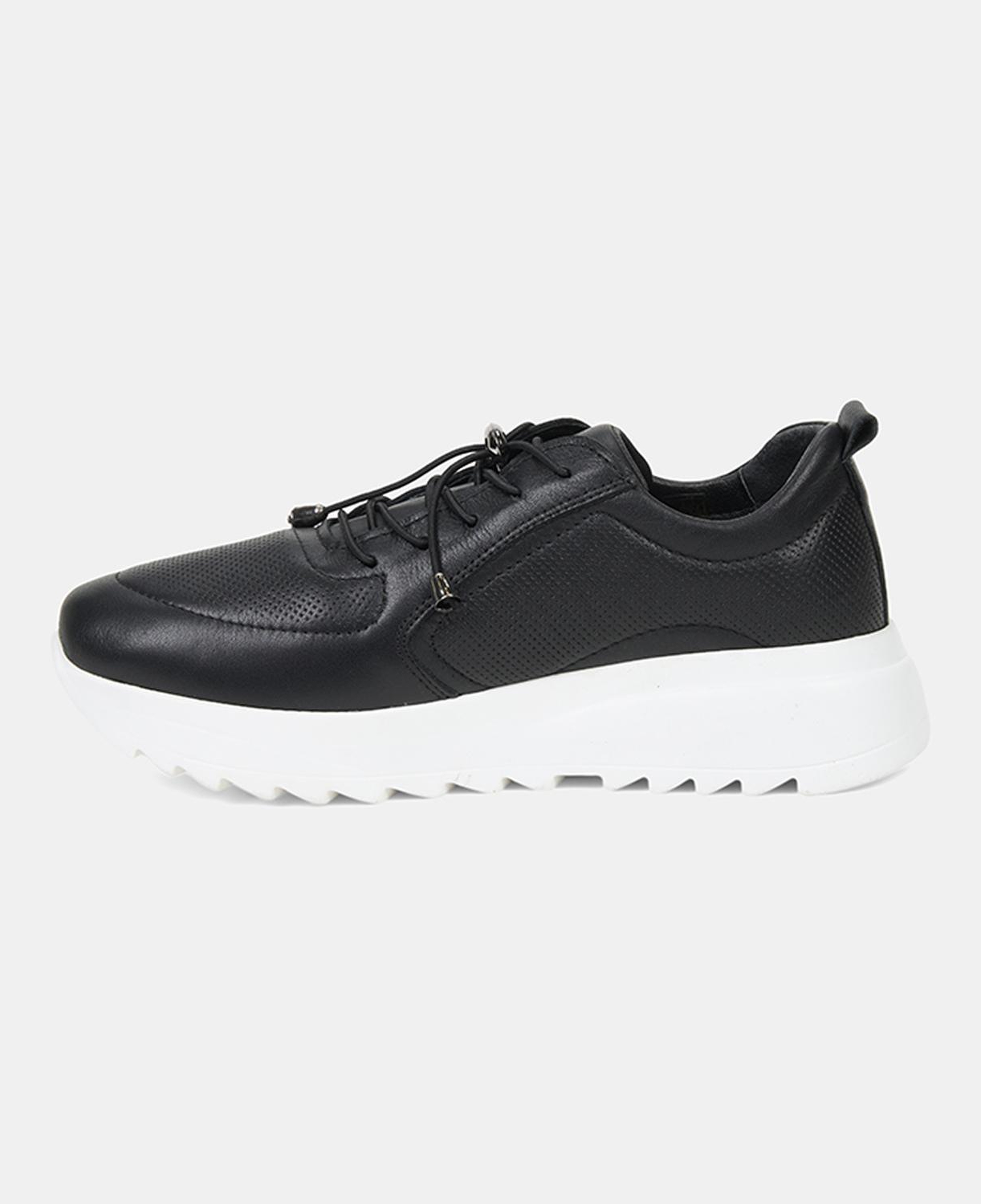 Kadın Siyah Lastik Bağcıklı Dolgu Topuklu Deri Sneaker