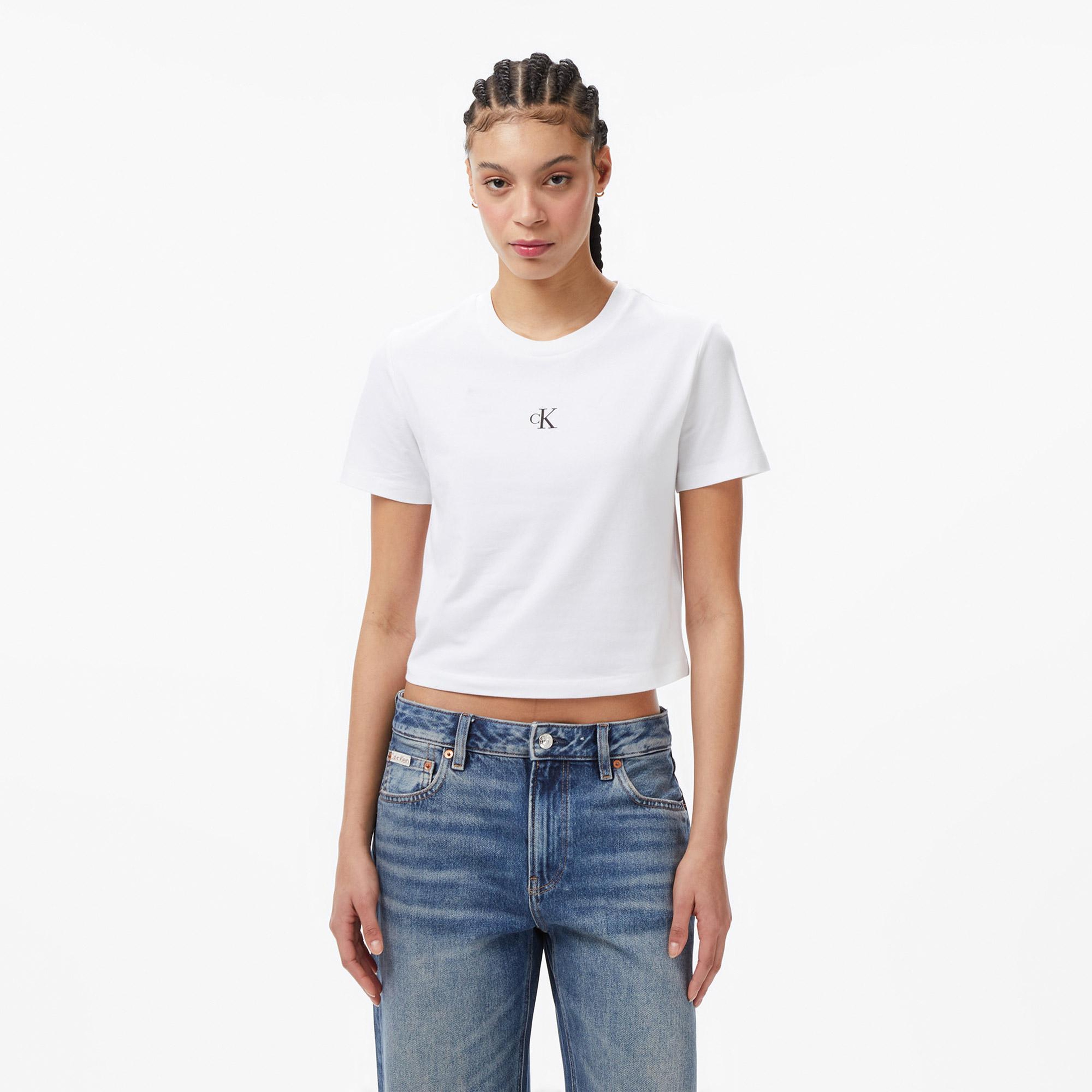 Calvin Klein Logo Cropped  Kadın Beyaz T-Shirt