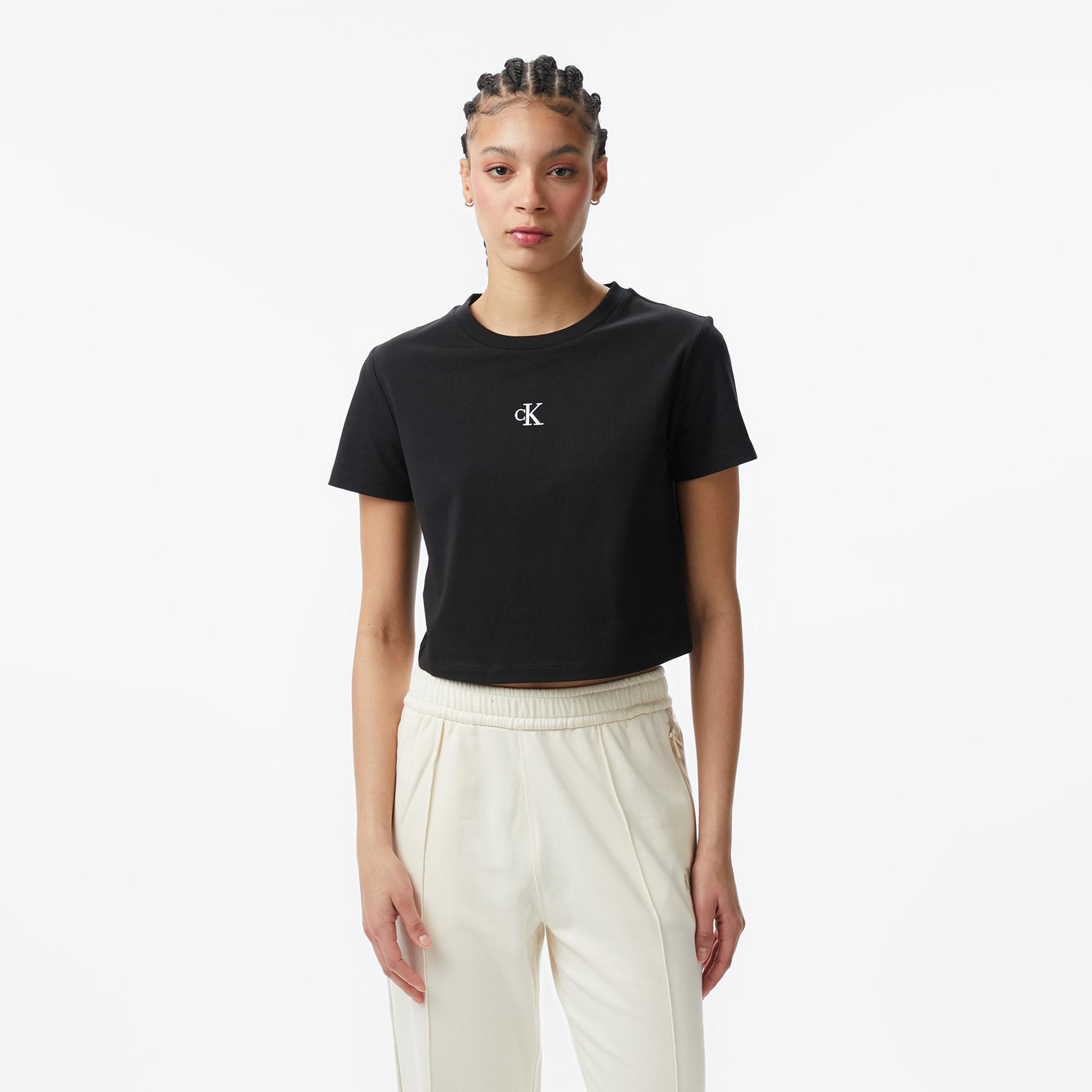Calvin Klein Logo Cropped  Kadın Siyah T-Shirt