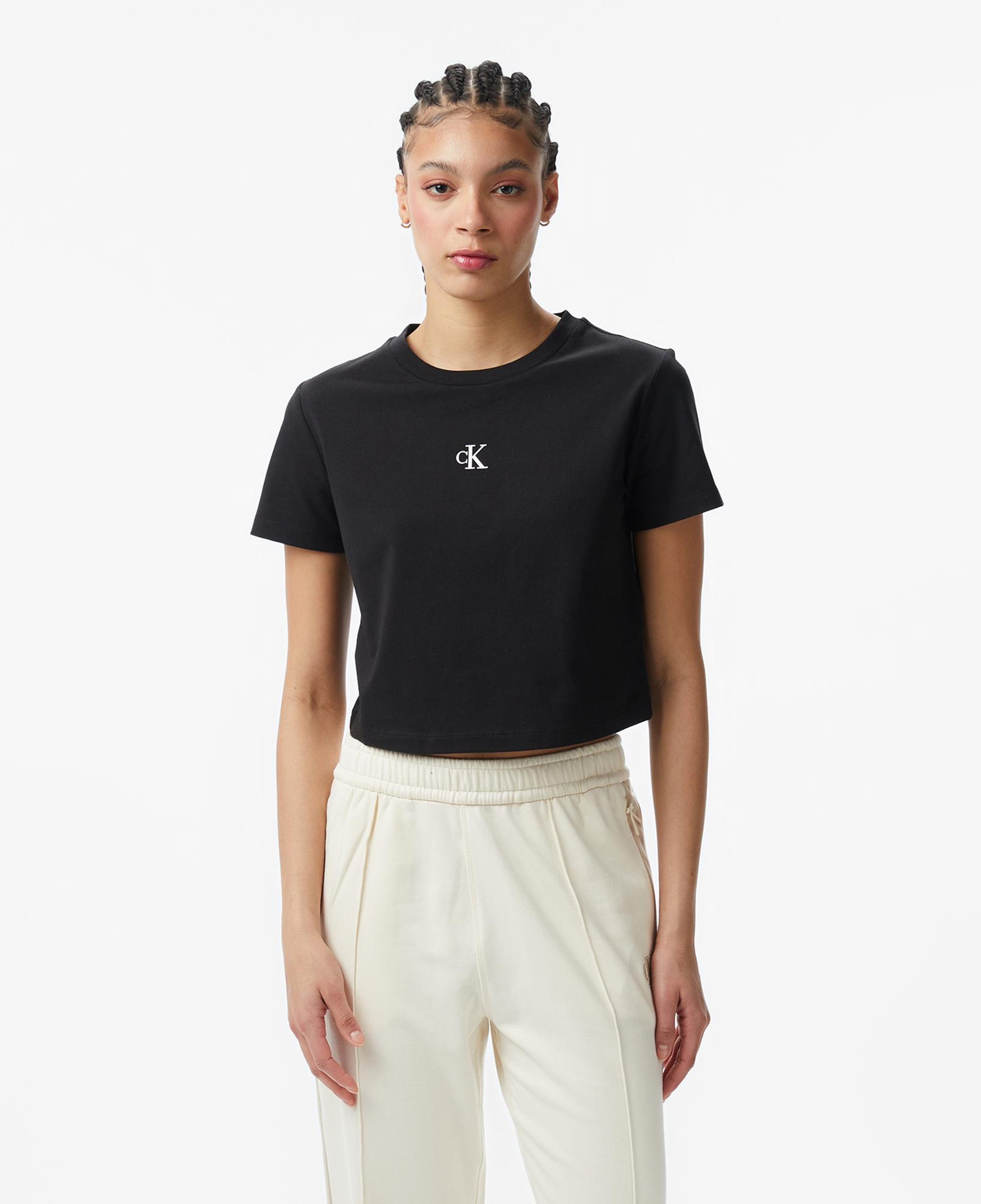 Calvin Klein Logo Cropped  Kadın Siyah T-Shirt