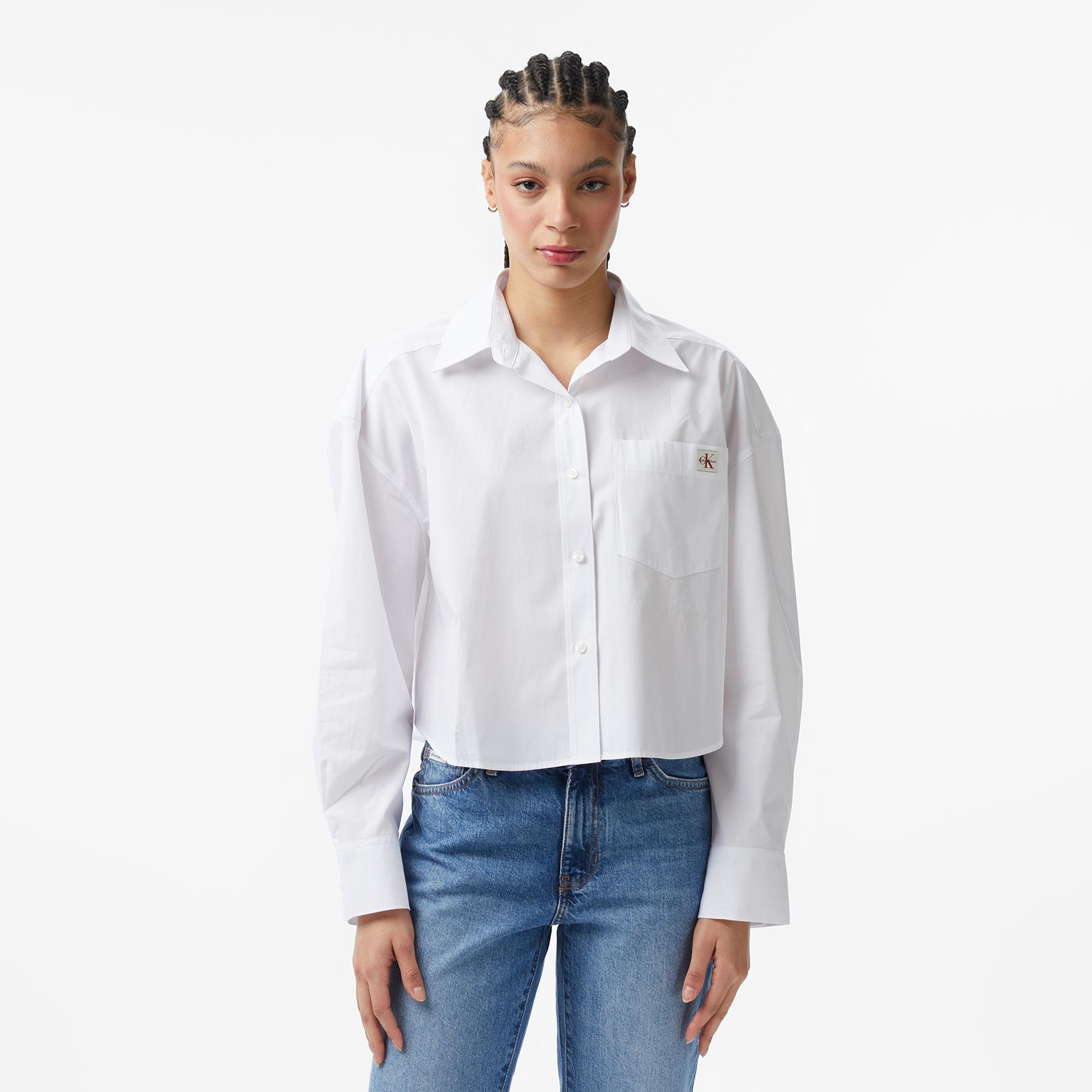 Calvin Klein Cotton Poplin Cropped Wove Kadın Beyaz Gömlek