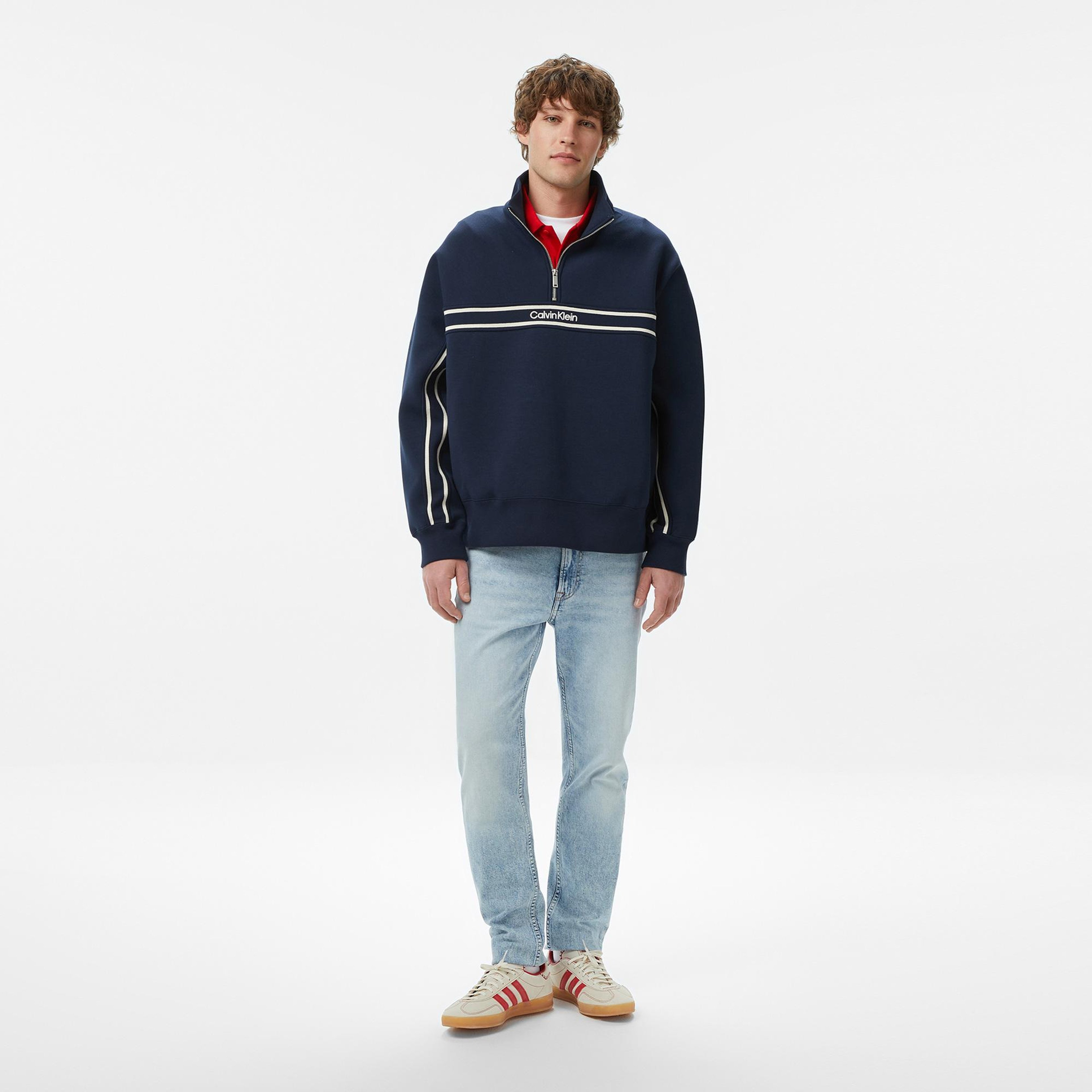 Calvin Klein Cotton Spacer Stripe Erkek Mavi Sweatshirt