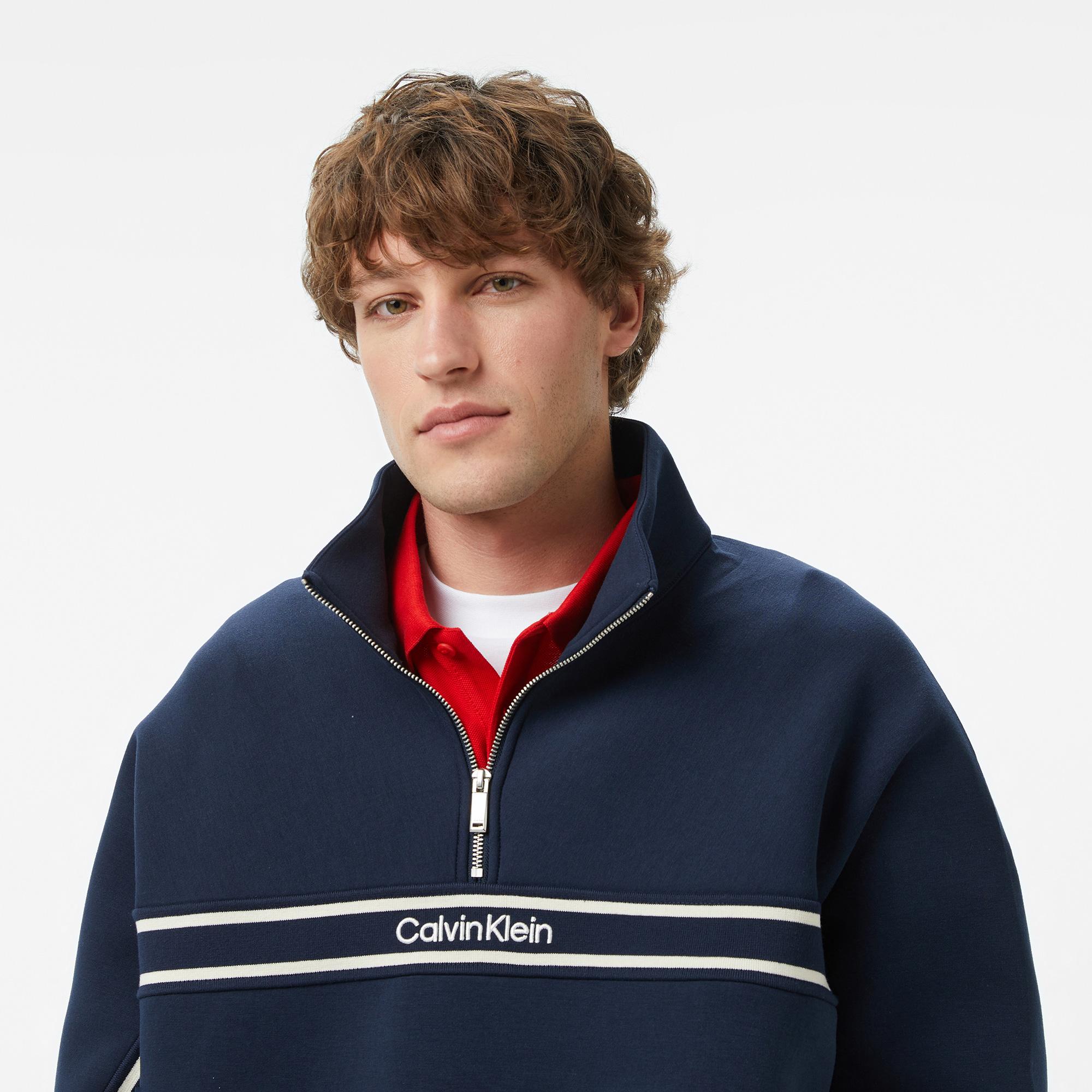 Calvin Klein Cotton Spacer Stripe Erkek Mavi Sweatshirt