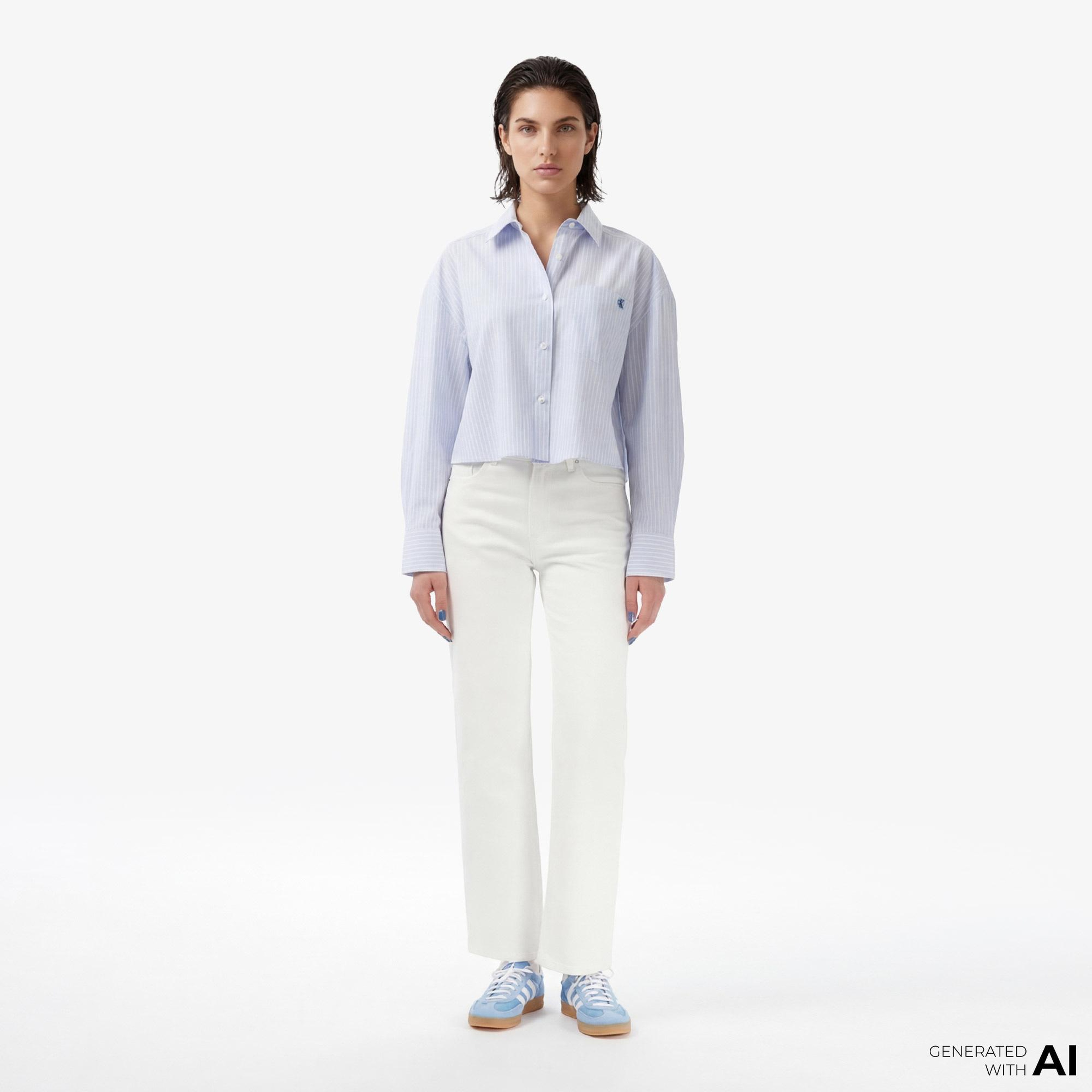 Calvin Klein Cotton Poplin Cropped Kadın Mavi Gömlek