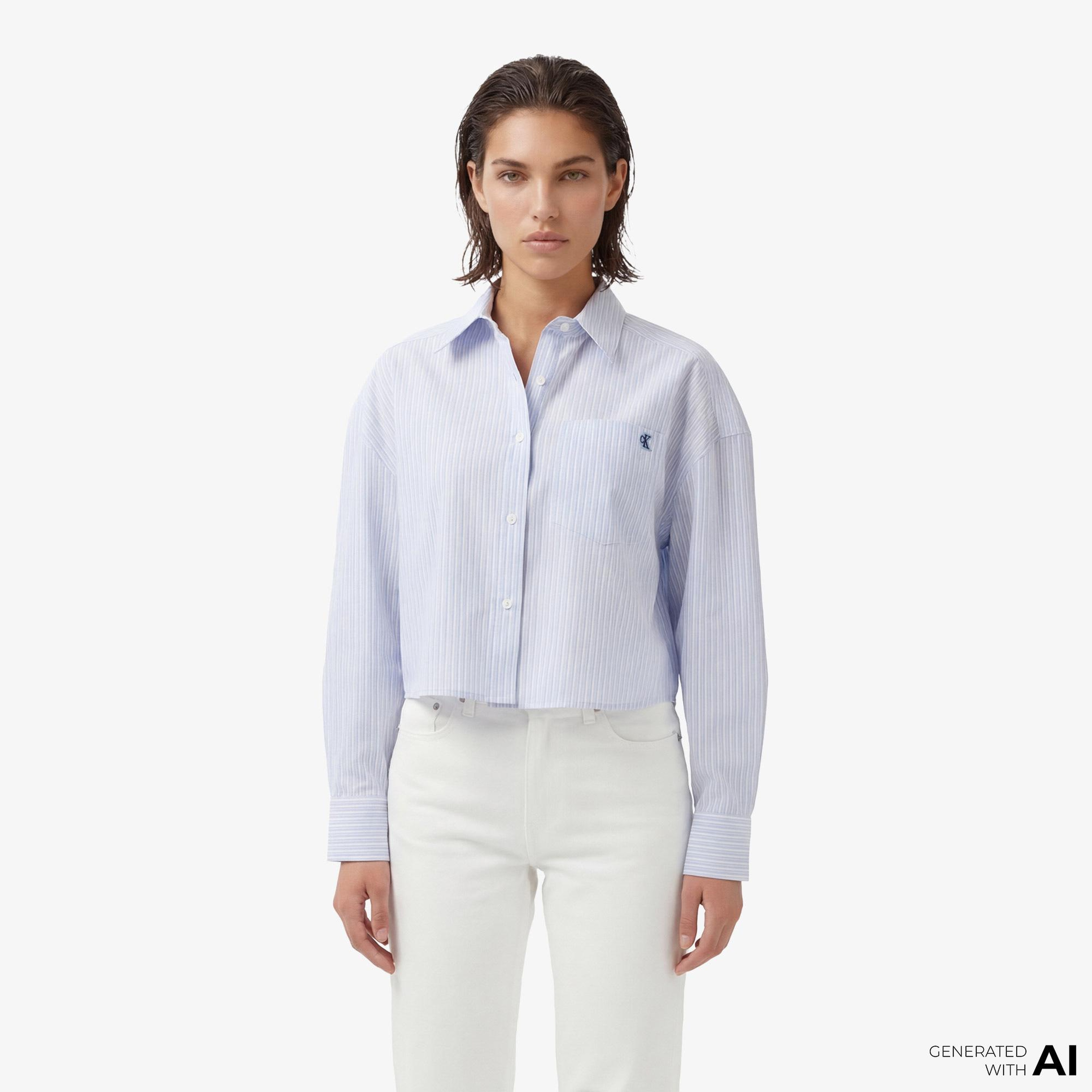 Calvin Klein Cotton Poplin Cropped Kadın Mavi Gömlek