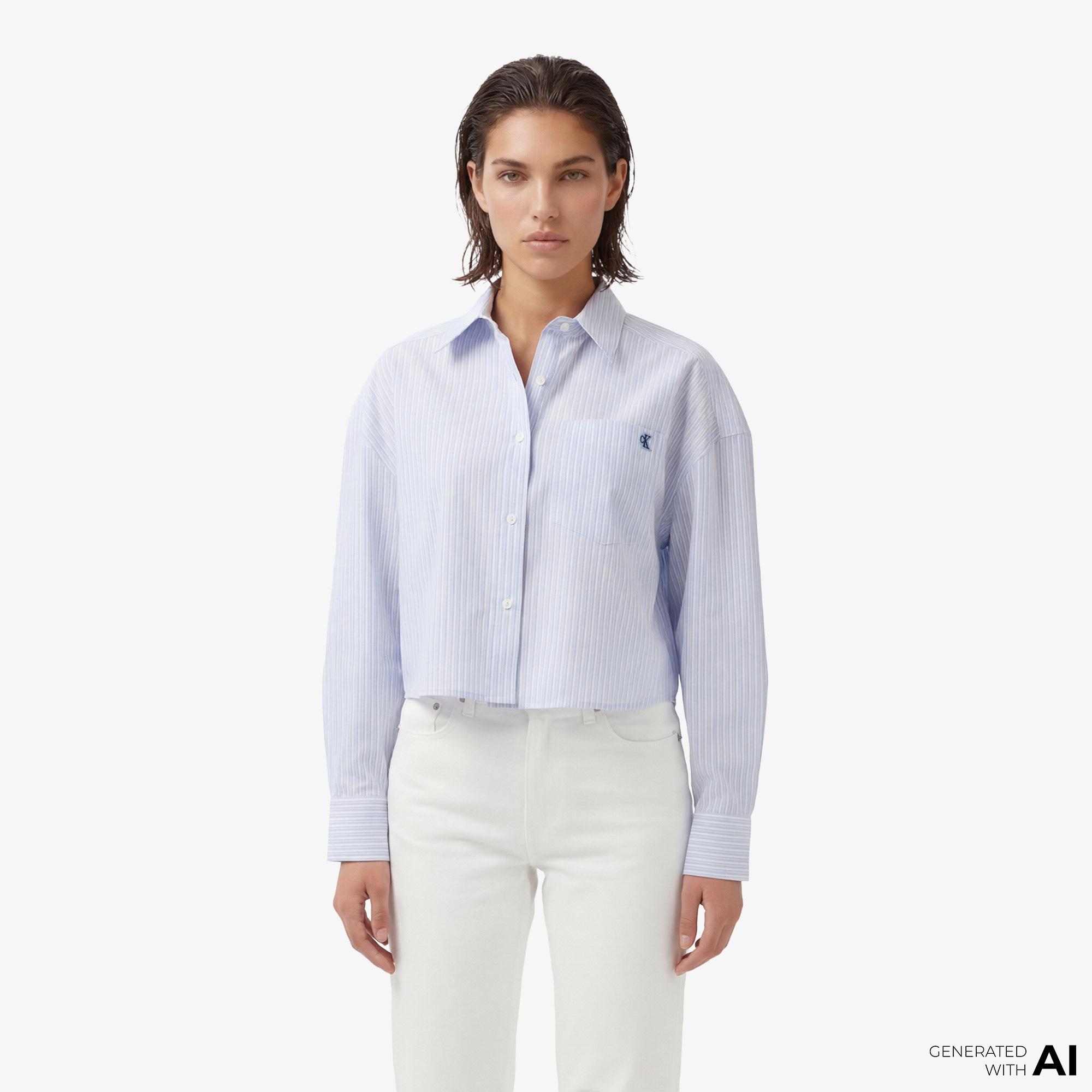 Calvin Klein Cotton Poplin Cropped Kadın Mavi Gömlek
