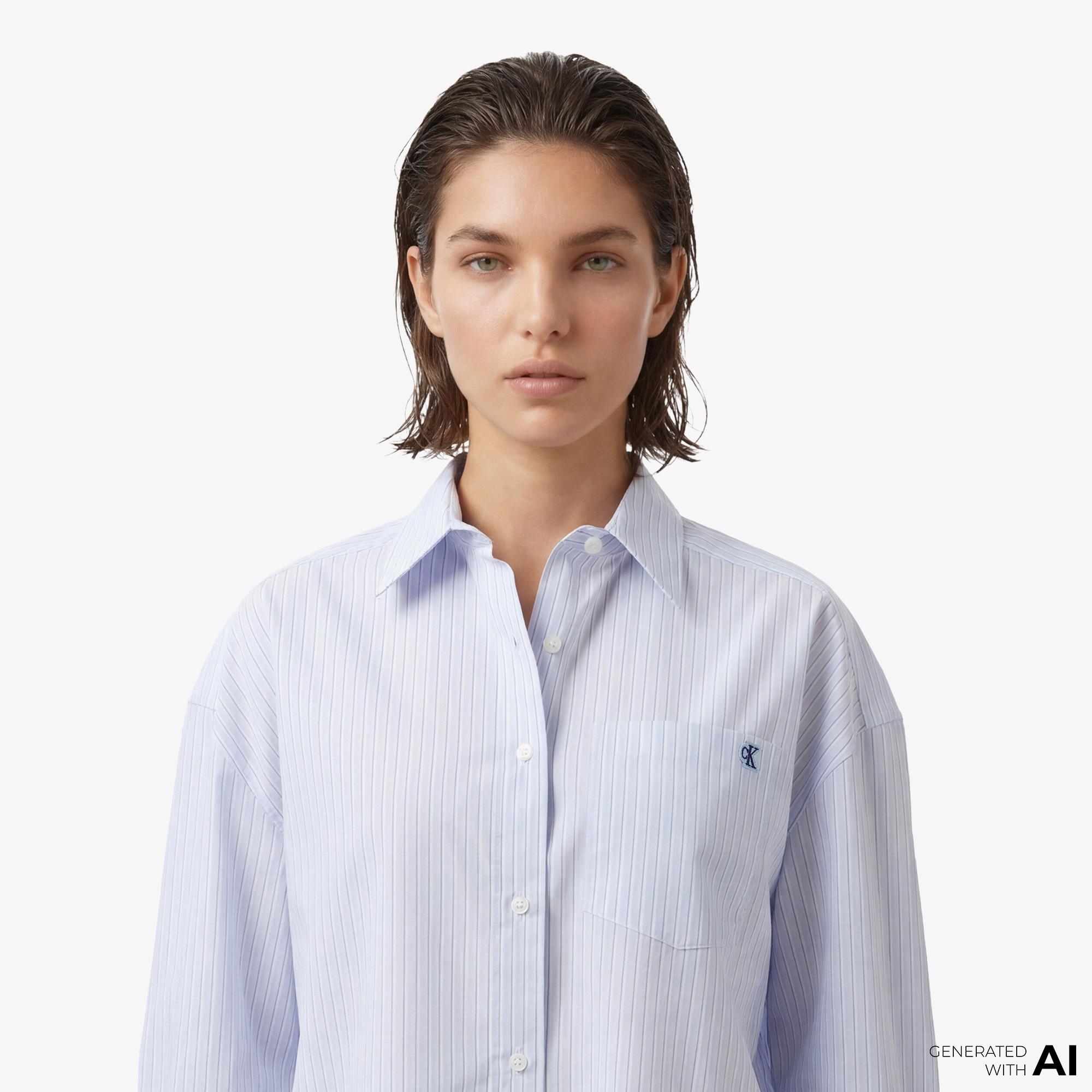 Calvin Klein Cotton Poplin Cropped Kadın Mavi Gömlek