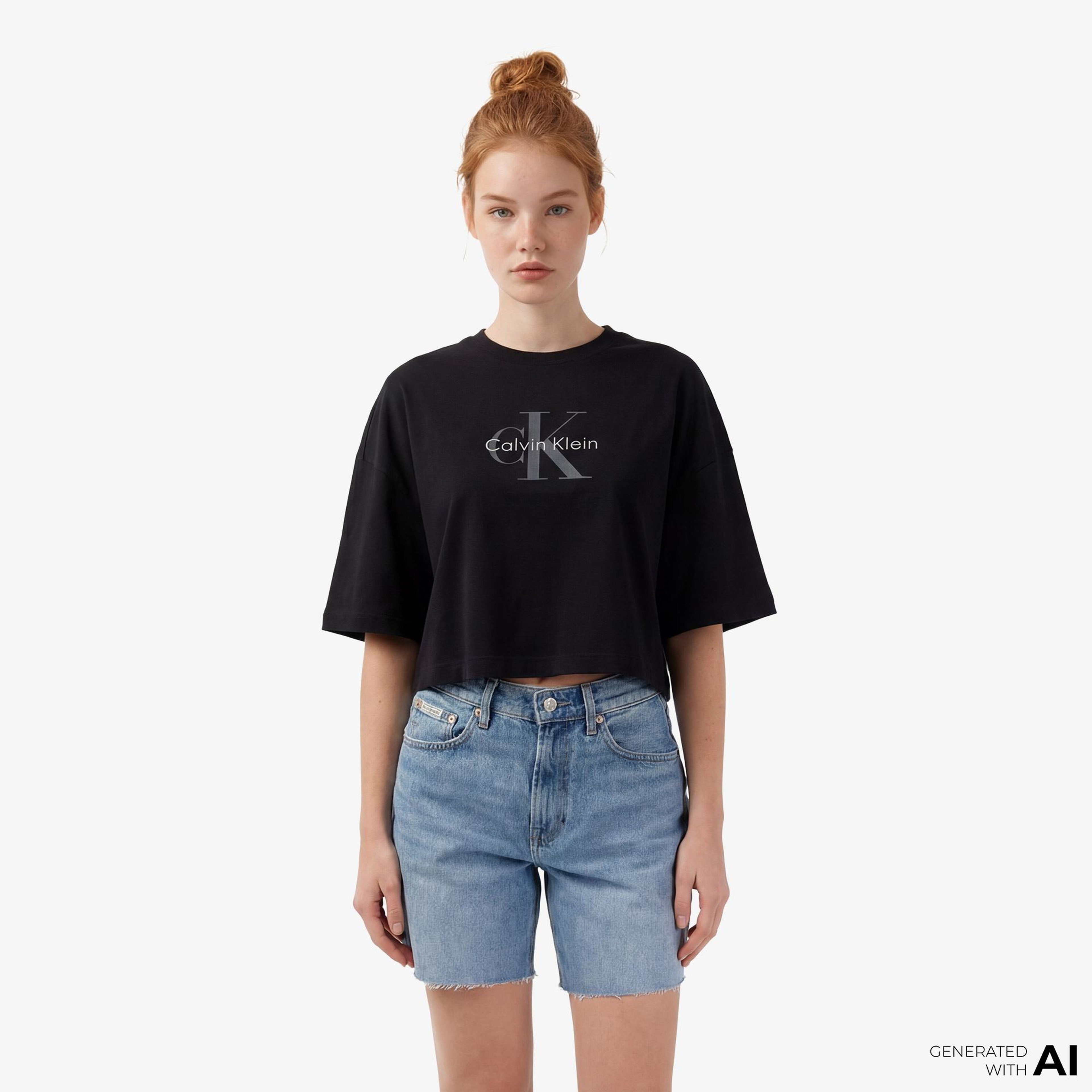 Calvin Klein Boxy Crop Monologo Kadın Siyah T-Shirt