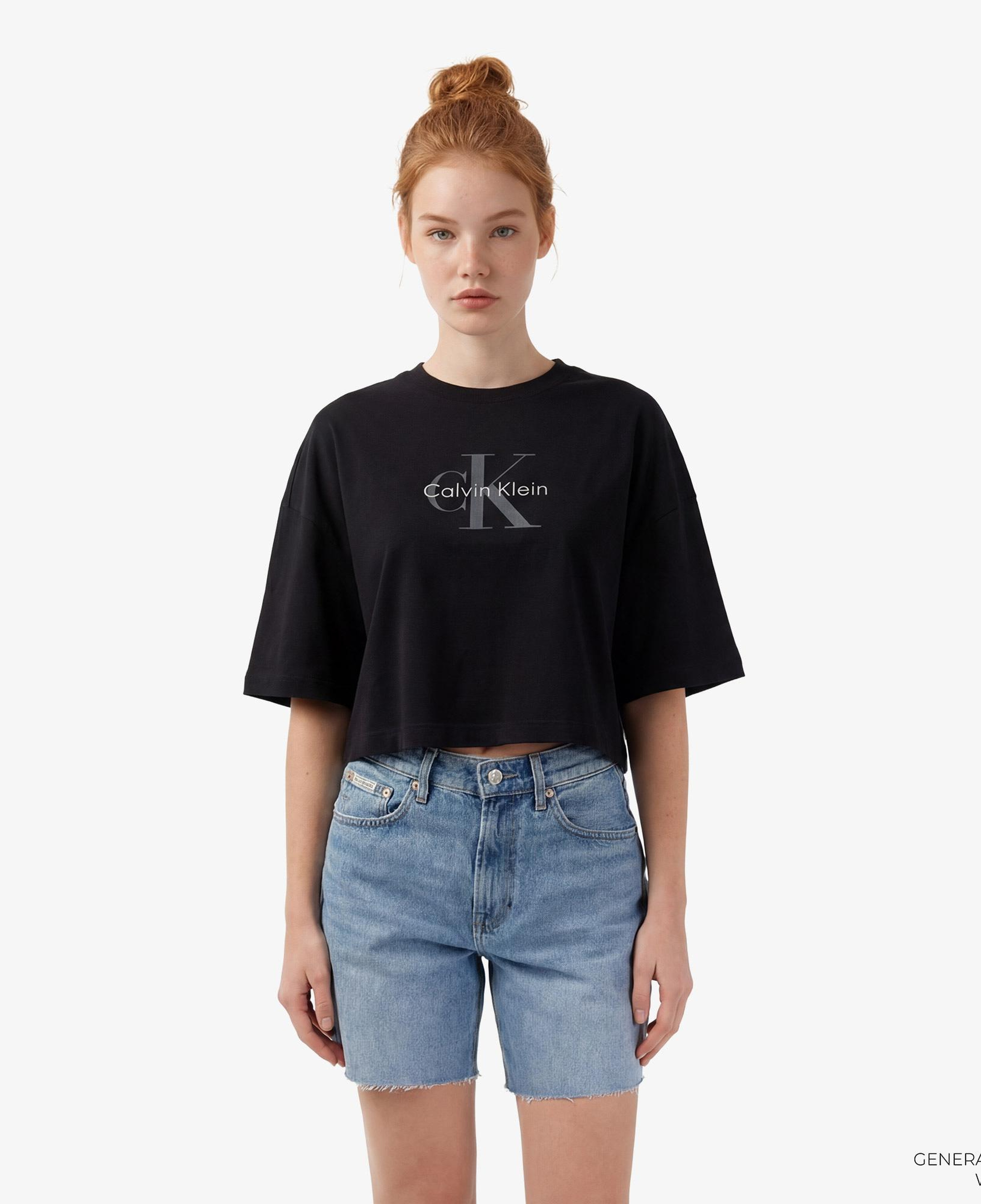 Calvin Klein Boxy Crop Monologo Kadın Siyah T-Shirt