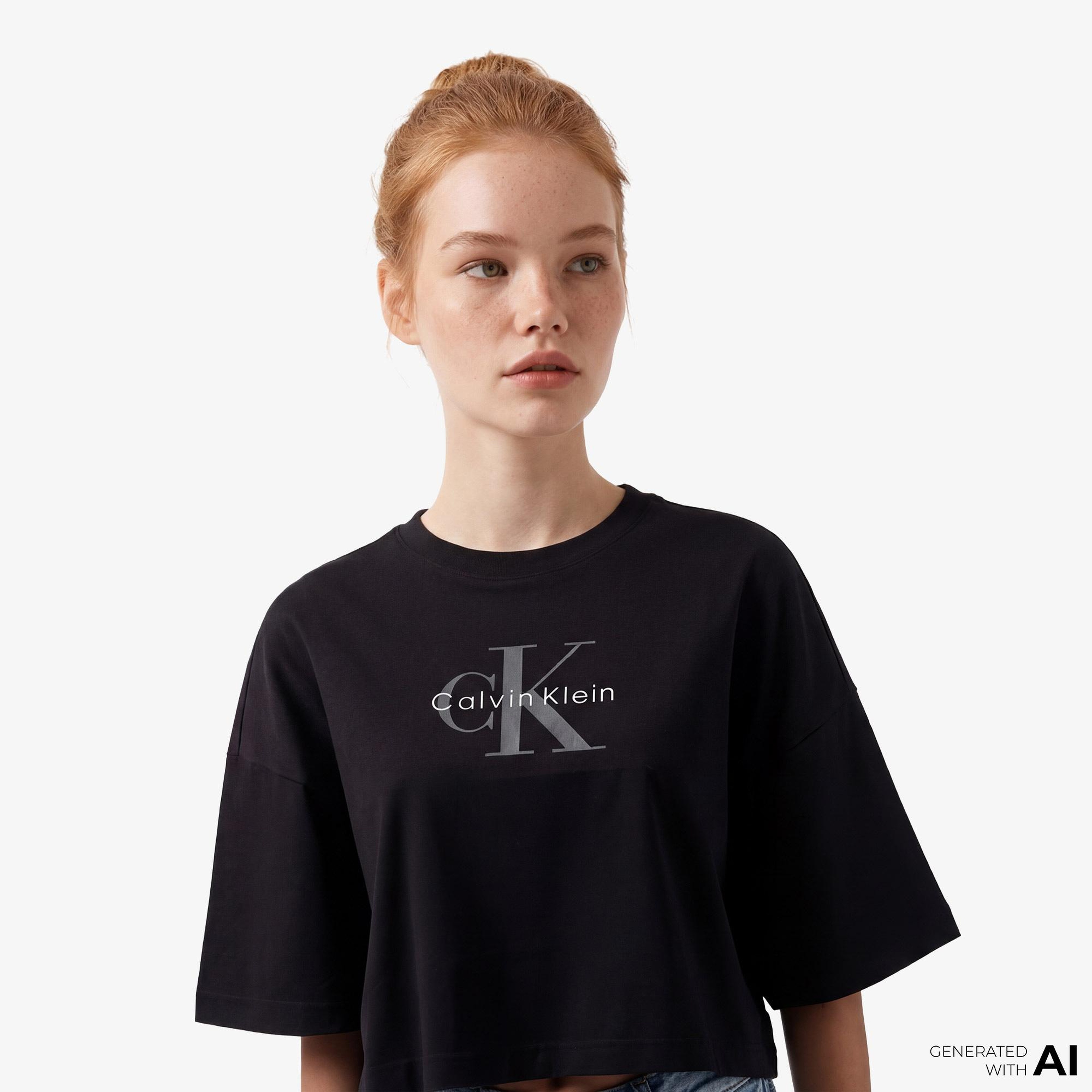 Calvin Klein Boxy Crop Monologo Kadın Siyah T-Shirt