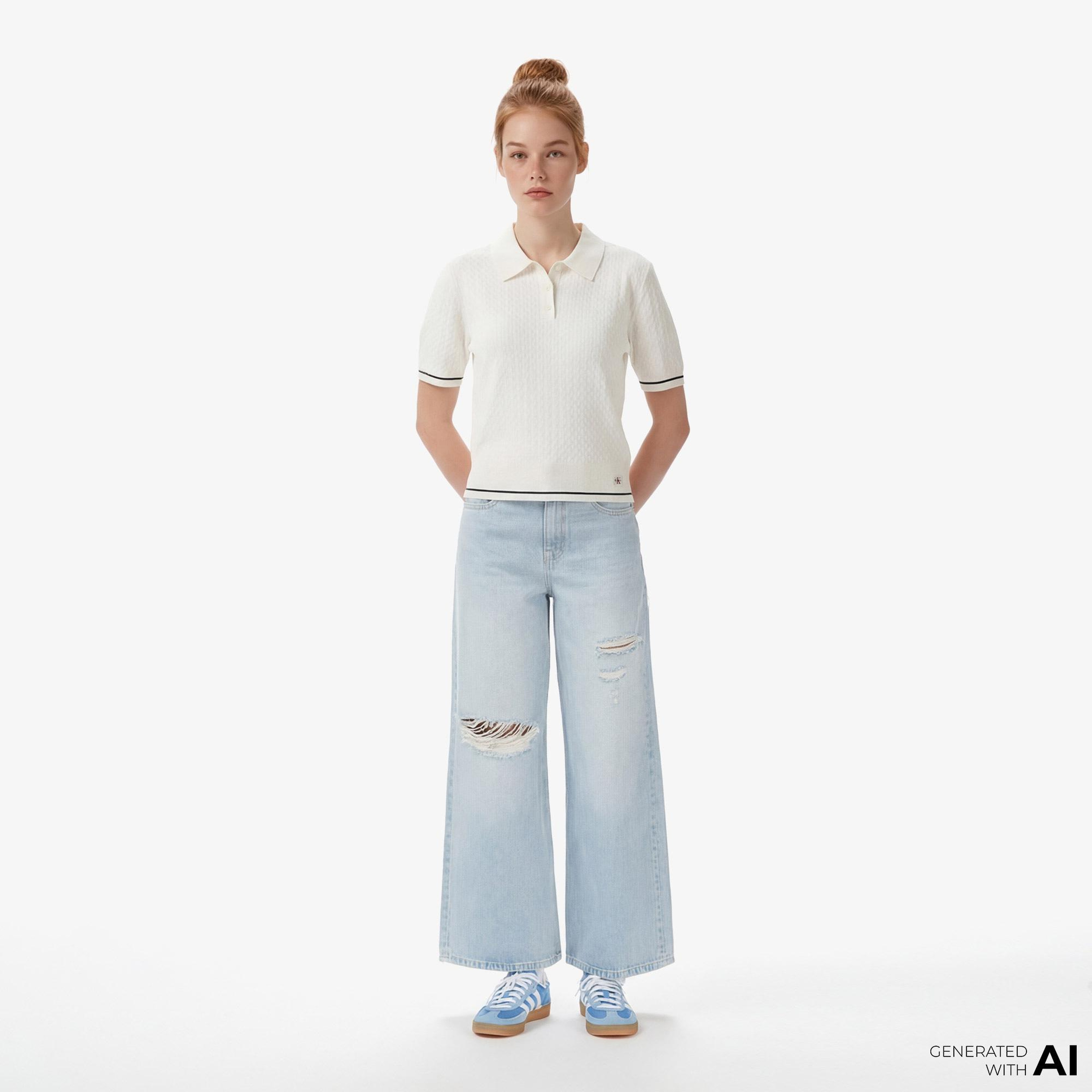 Calvin Klein Woven Label Cropped Cable Kadın Beyaz Triko