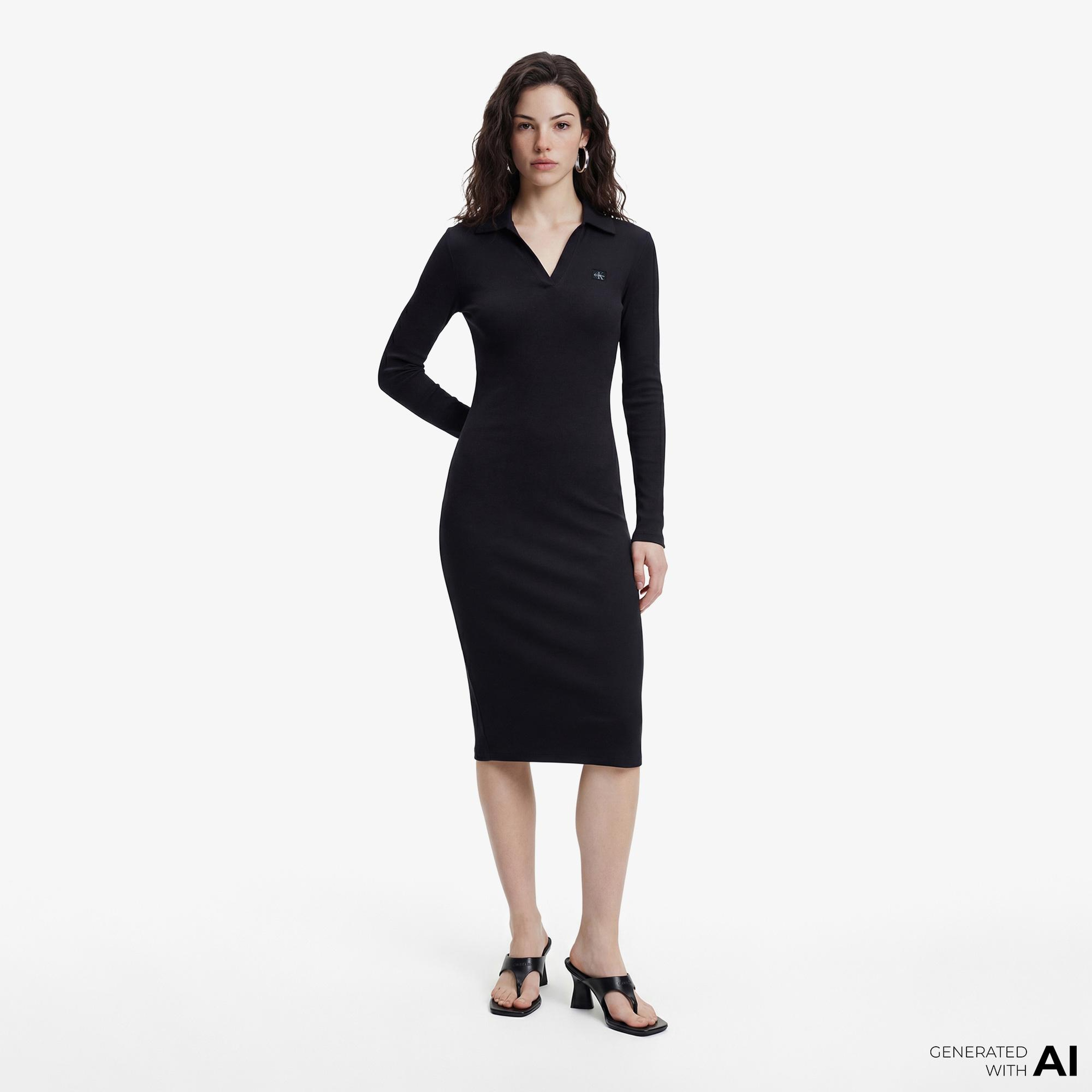 Calvin Klein Woven Label Johnny Collar Kadın Siyah Elbise