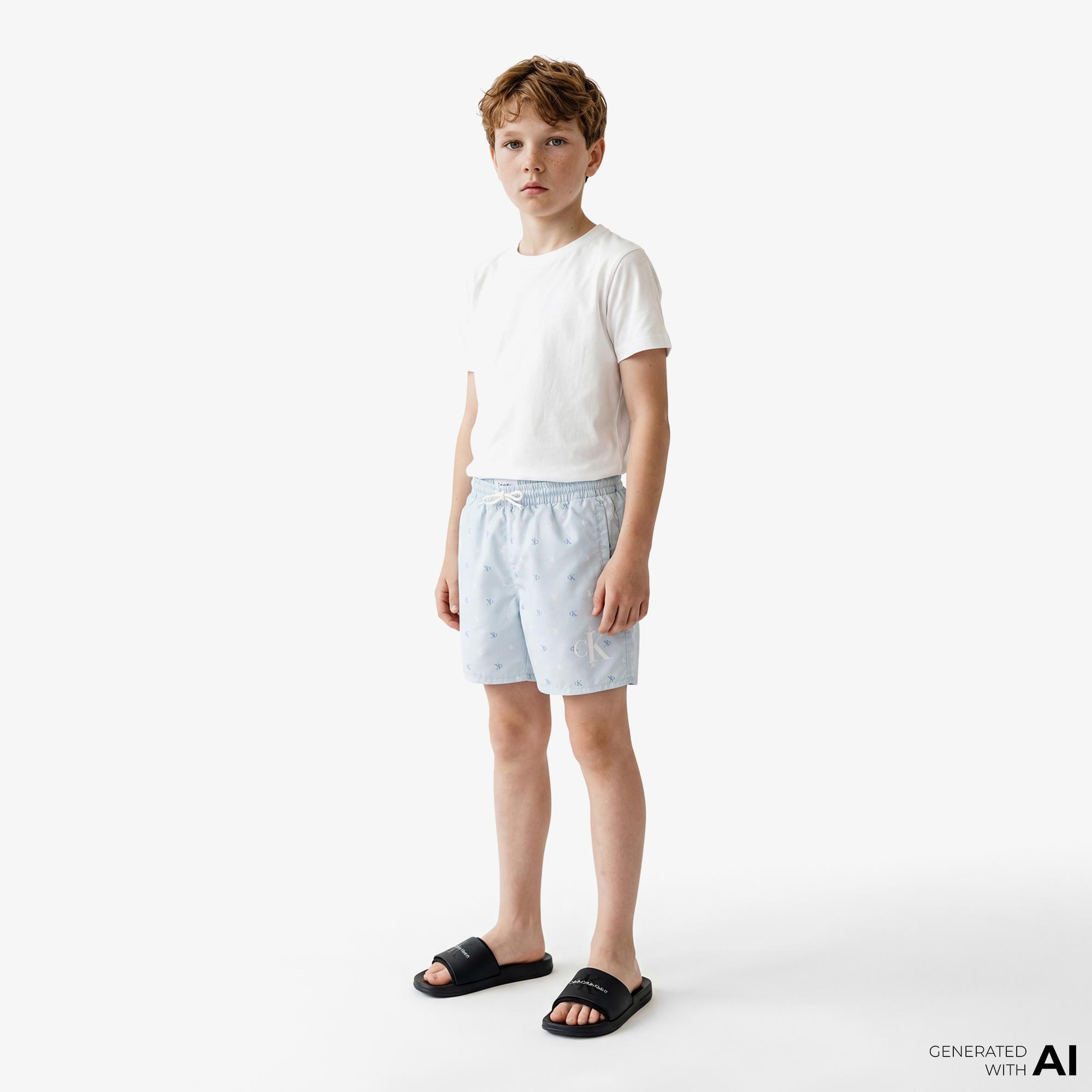 Calvin Klein Medium Drawstring-Print Çocuk Mavi Deniz Şortu