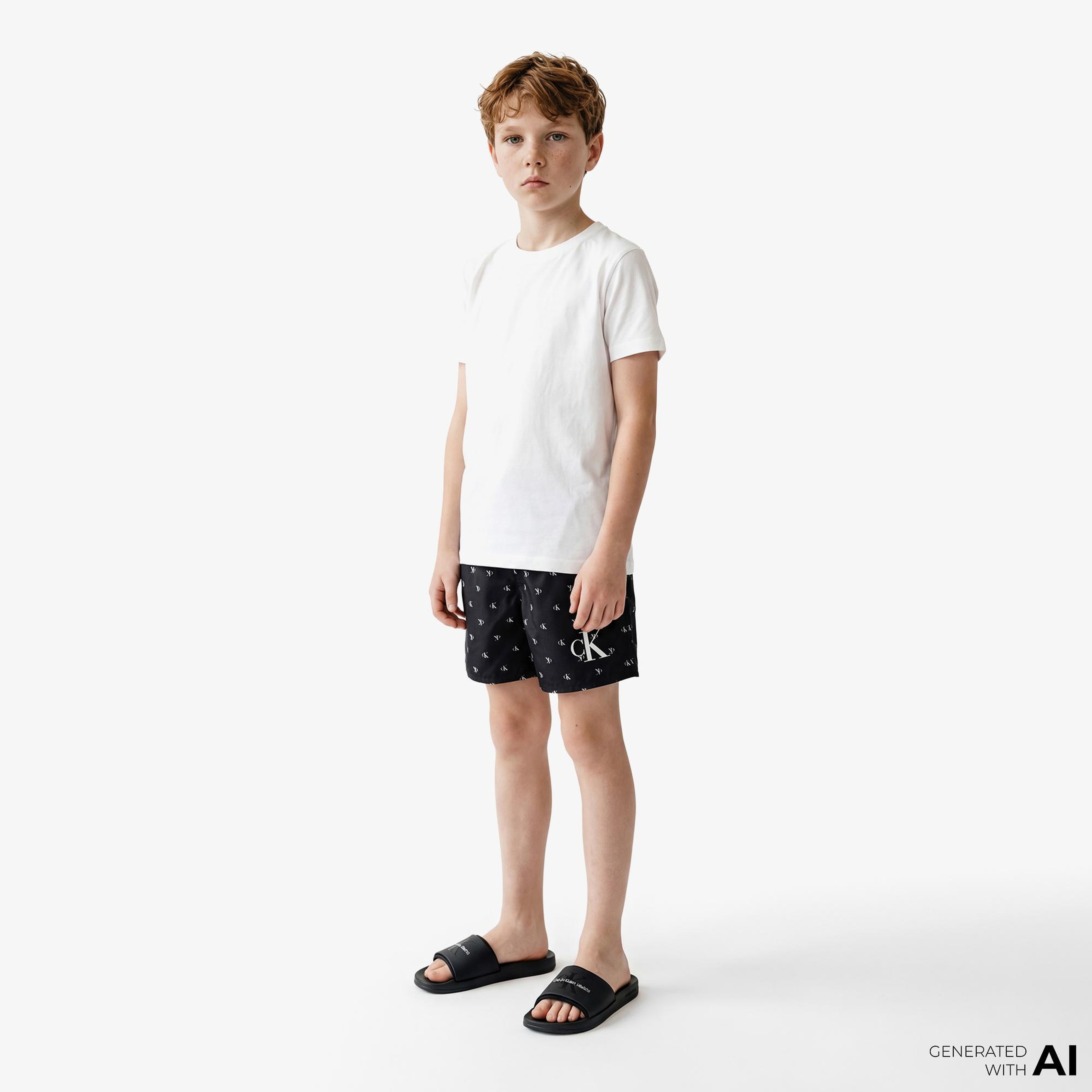 Calvin Klein Medium Drawstring-Print Çocuk Siyah Deniz Şortu