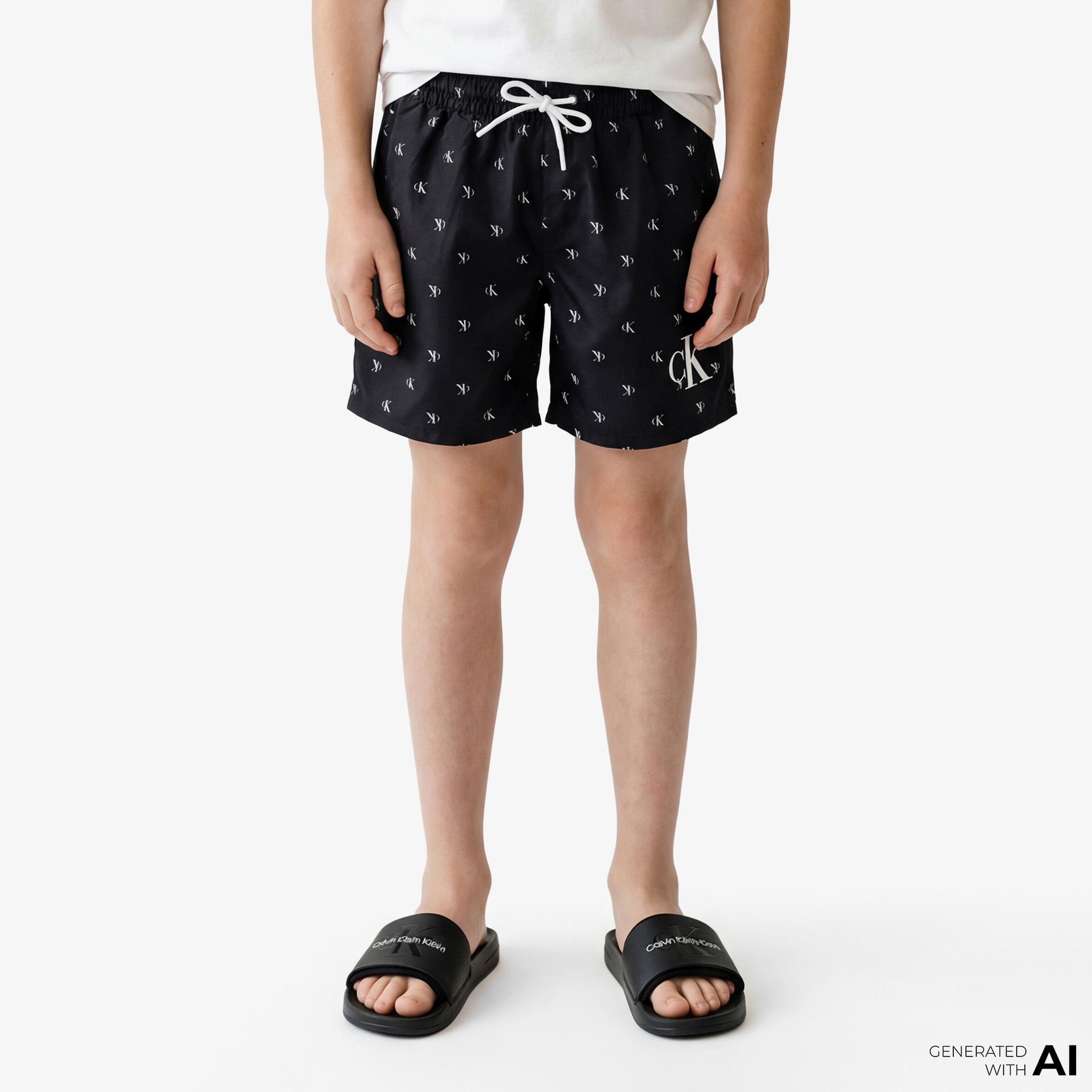 Calvin Klein Medium Drawstring-Print Çocuk Siyah Deniz Şortu