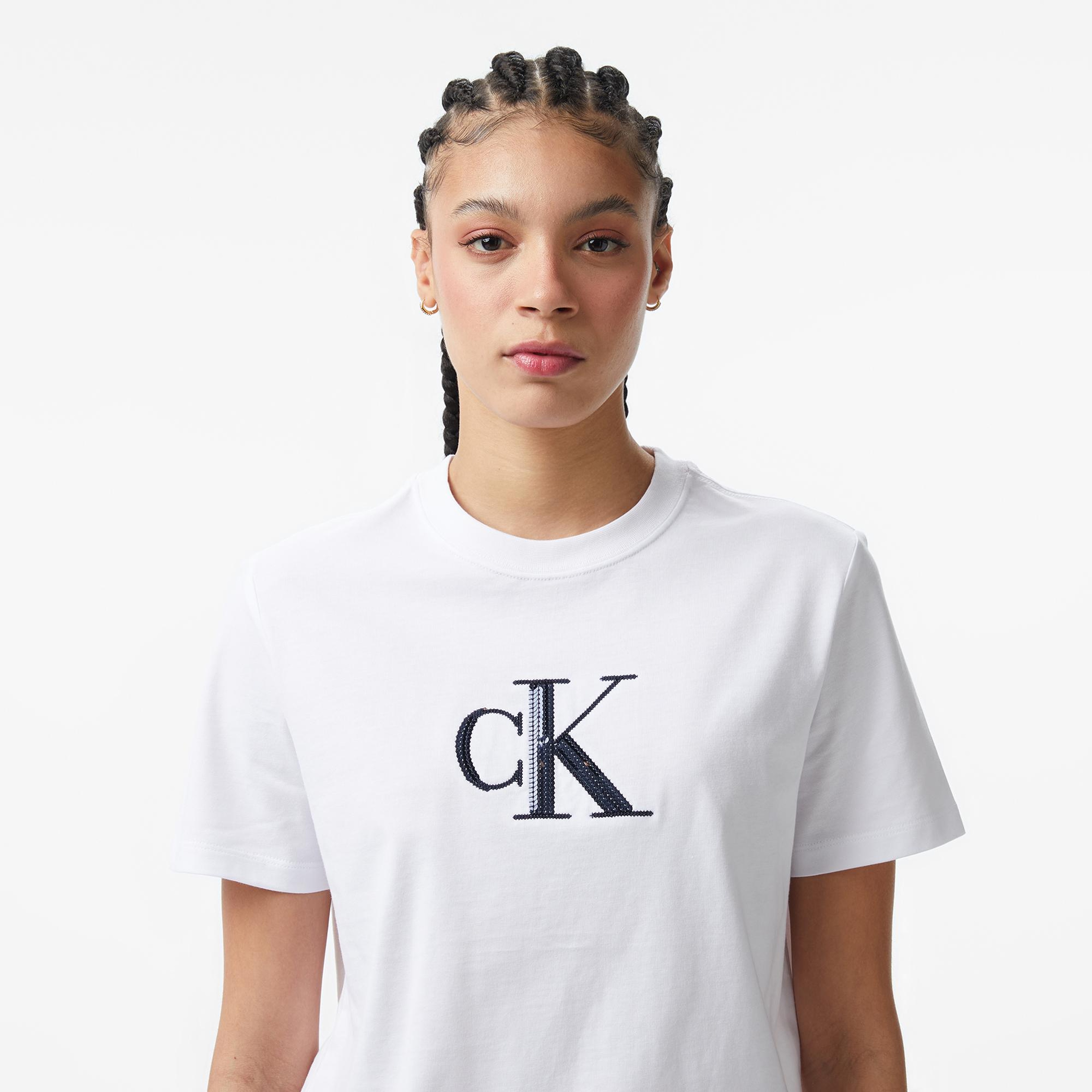 Calvin Klein Sequin Graphic  Kadın Beyaz T-Shirt