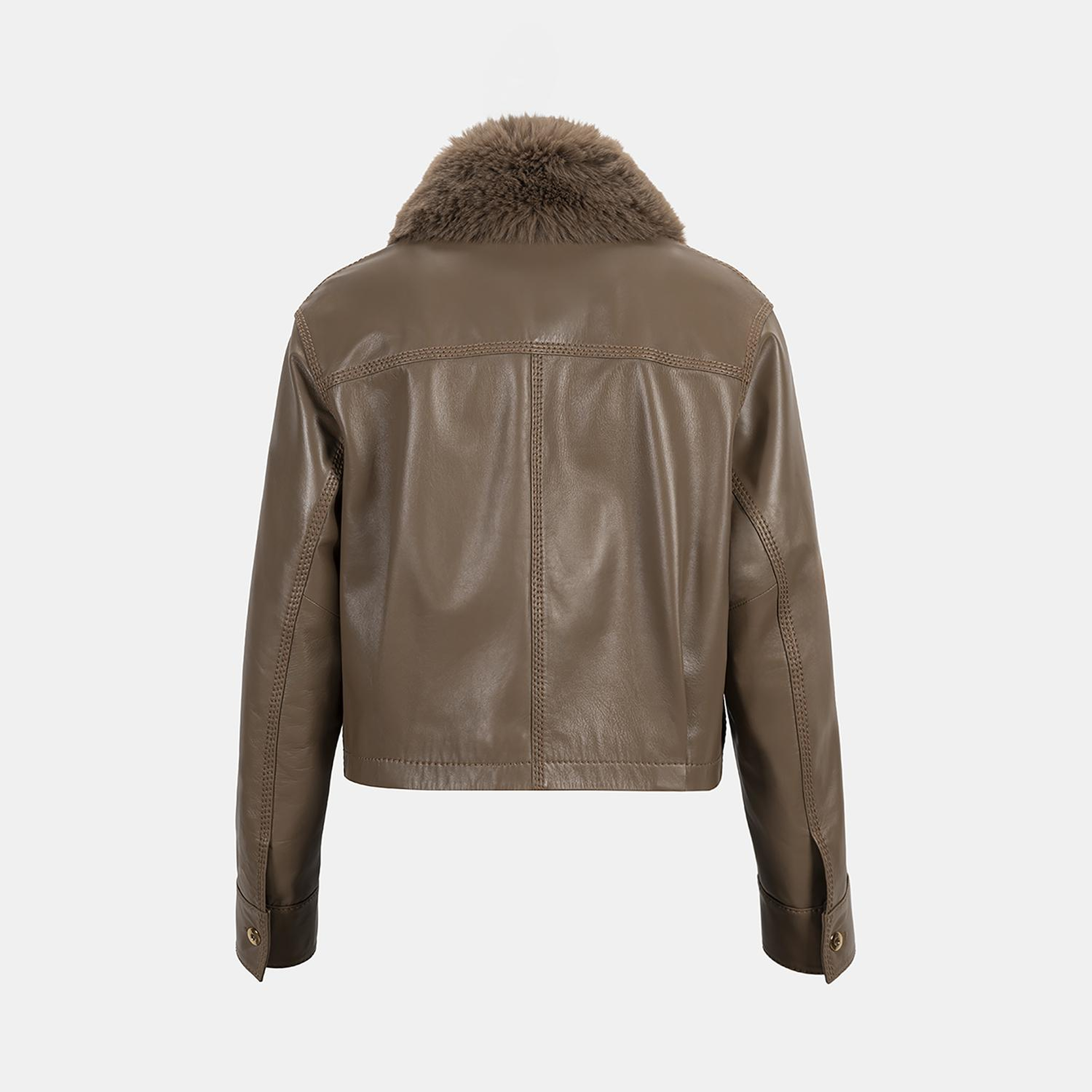 Kadın Kahve Gömlek Yakalı Kısa Deri Ceket