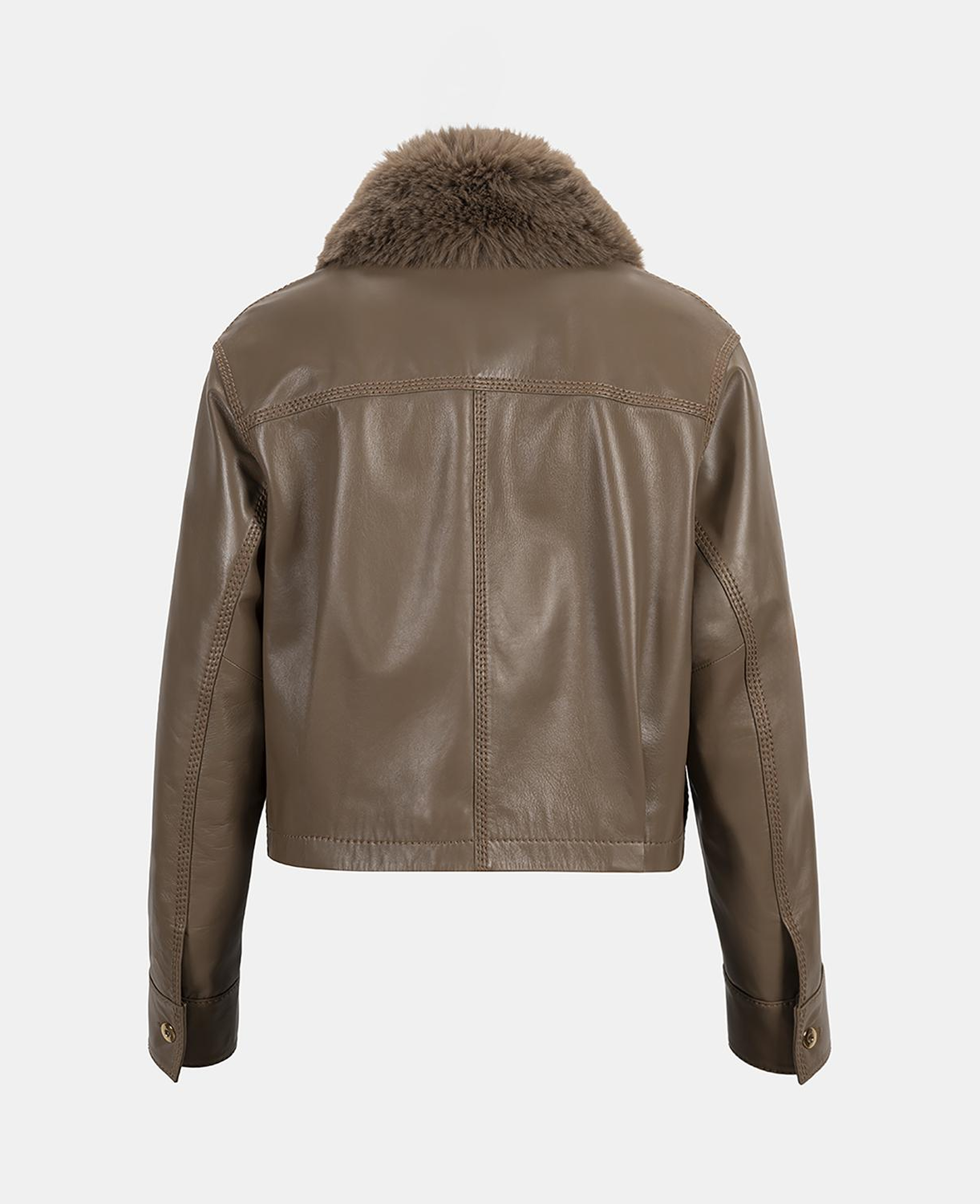 Kadın Kahve Gömlek Yakalı Kısa Deri Ceket