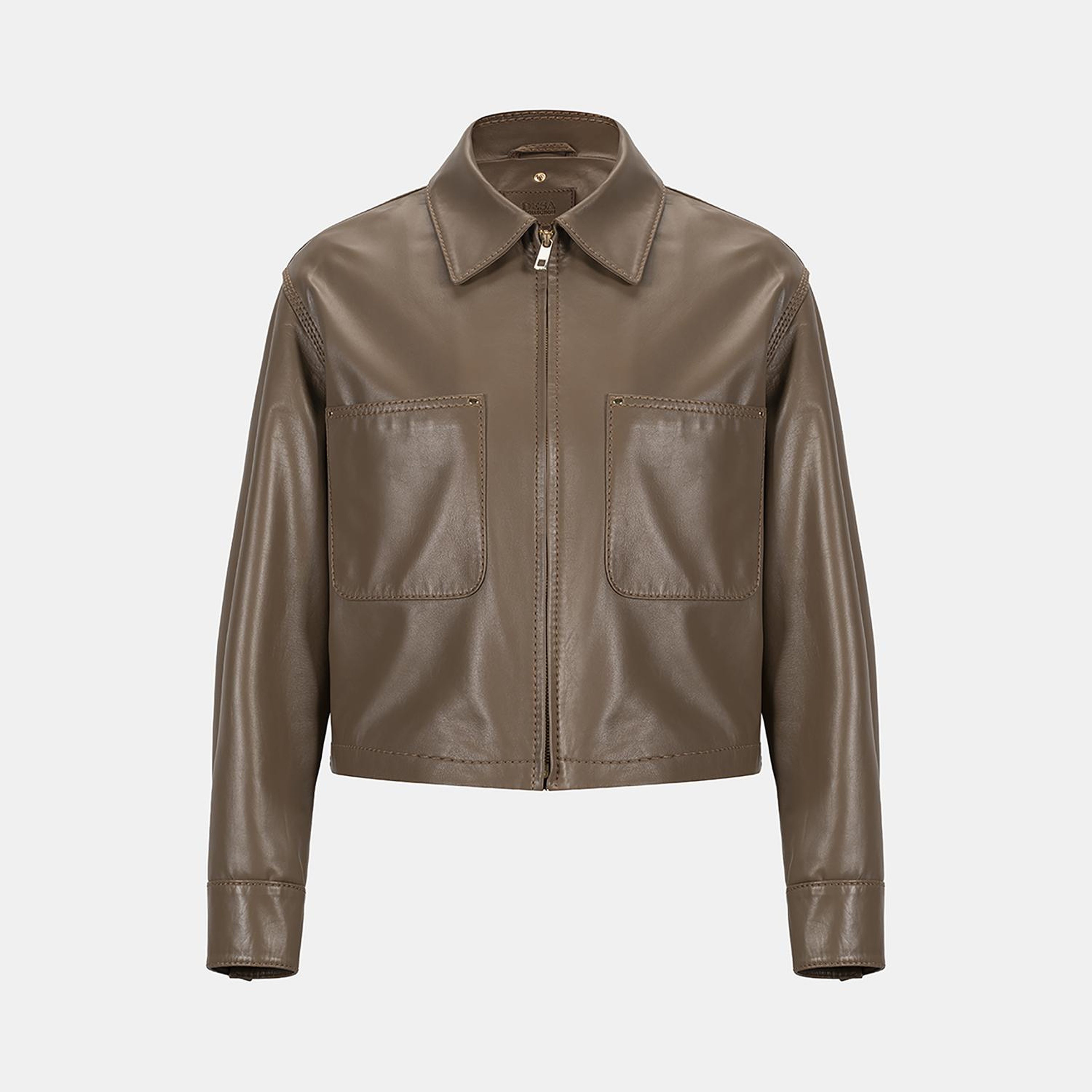 Kadın Kahve Gömlek Yakalı Kısa Deri Ceket