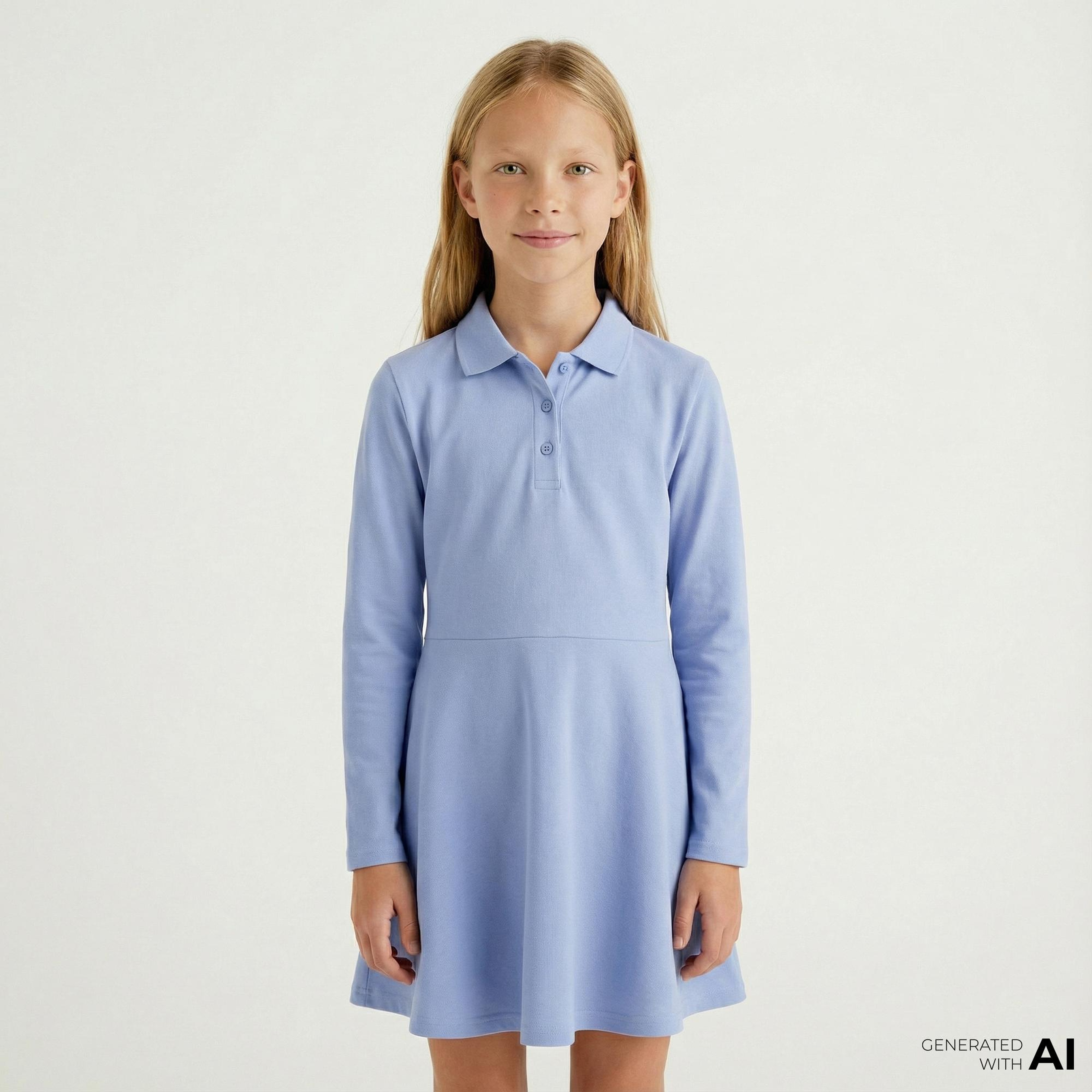 Lacoste Kız Çocuk Uzun Kollu Polo Yaka Mavi Elbise