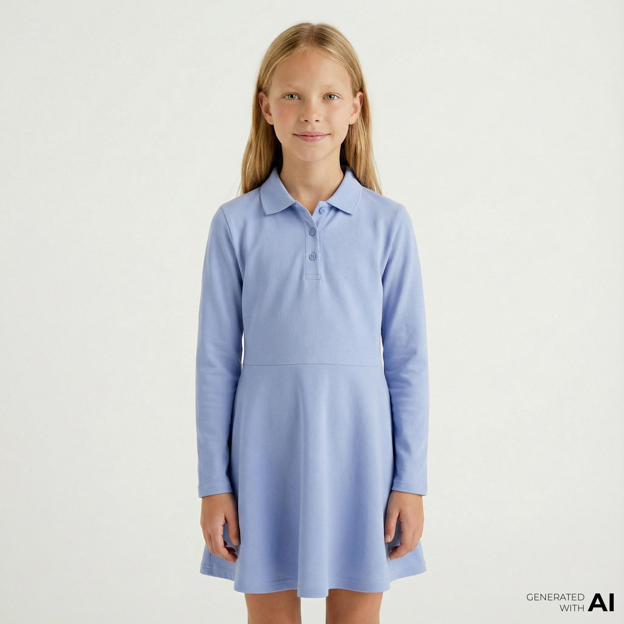 Lacoste Kız Çocuk Uzun Kollu Polo Yaka Mavi Elbise