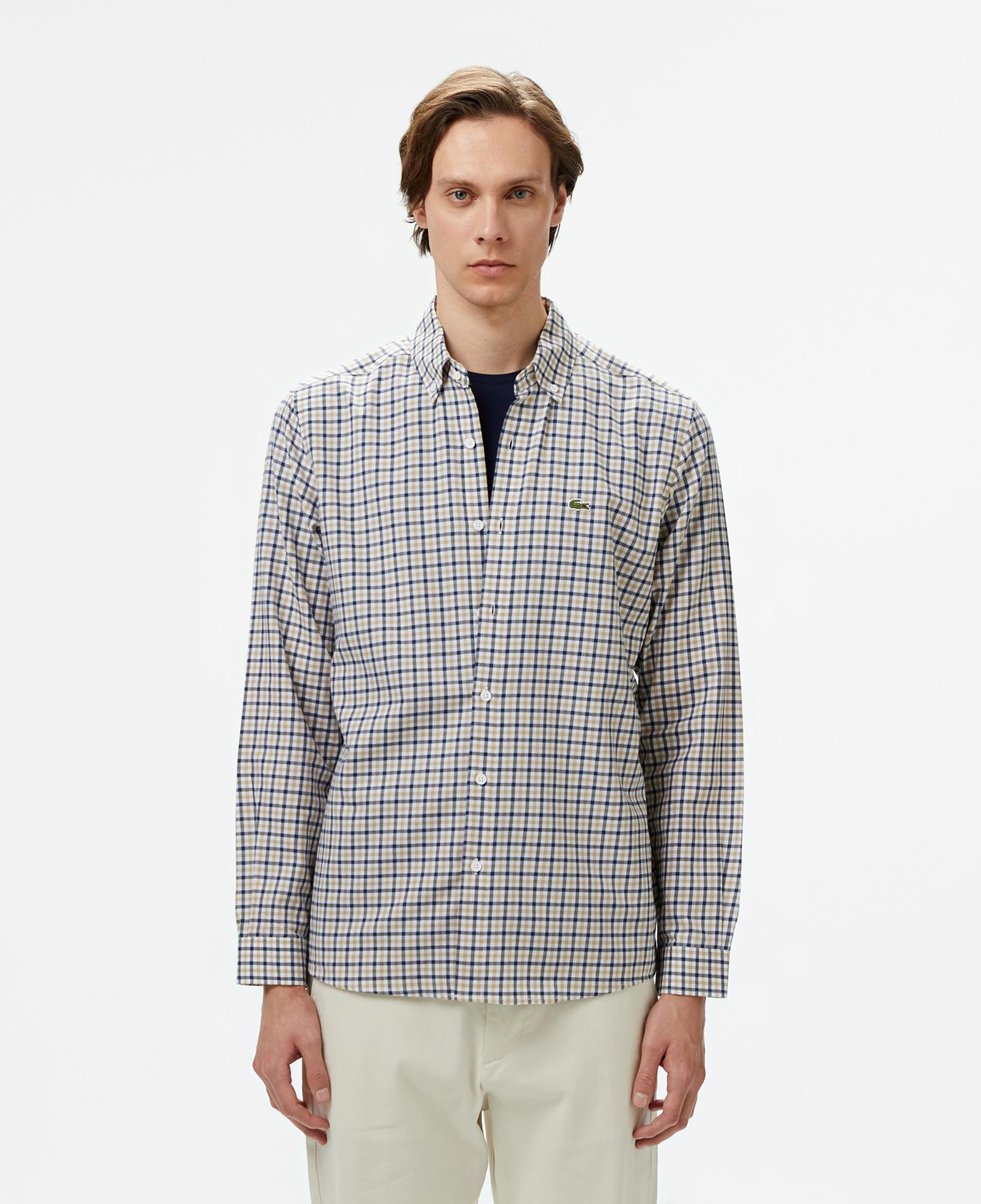 Lacoste Erkek Regular Fit Düğmeli Yaka Kareli Kahverengi Gömlek