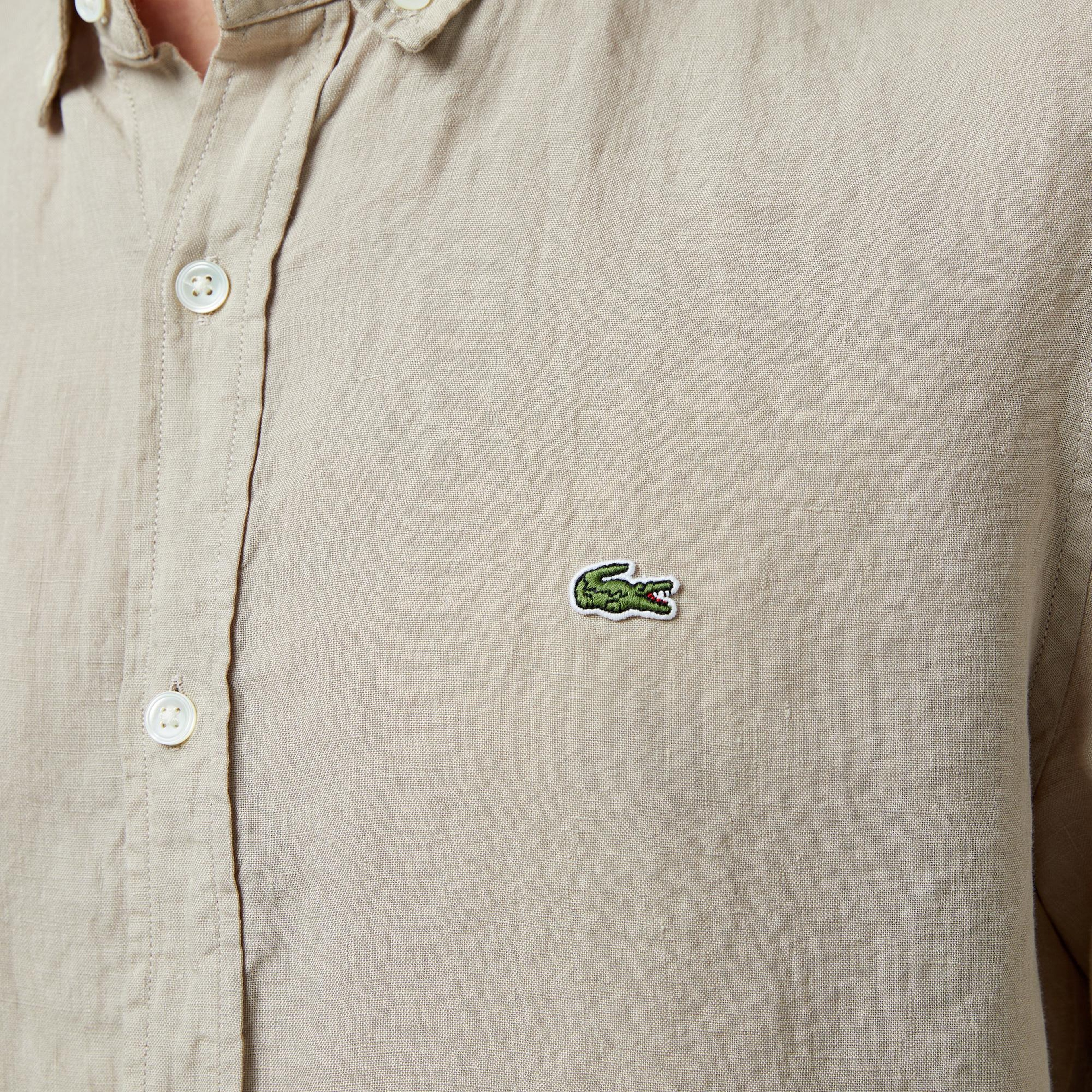 Lacoste Erkek Regular Fit Düğmeli Yaka Keten Bej Gömlek