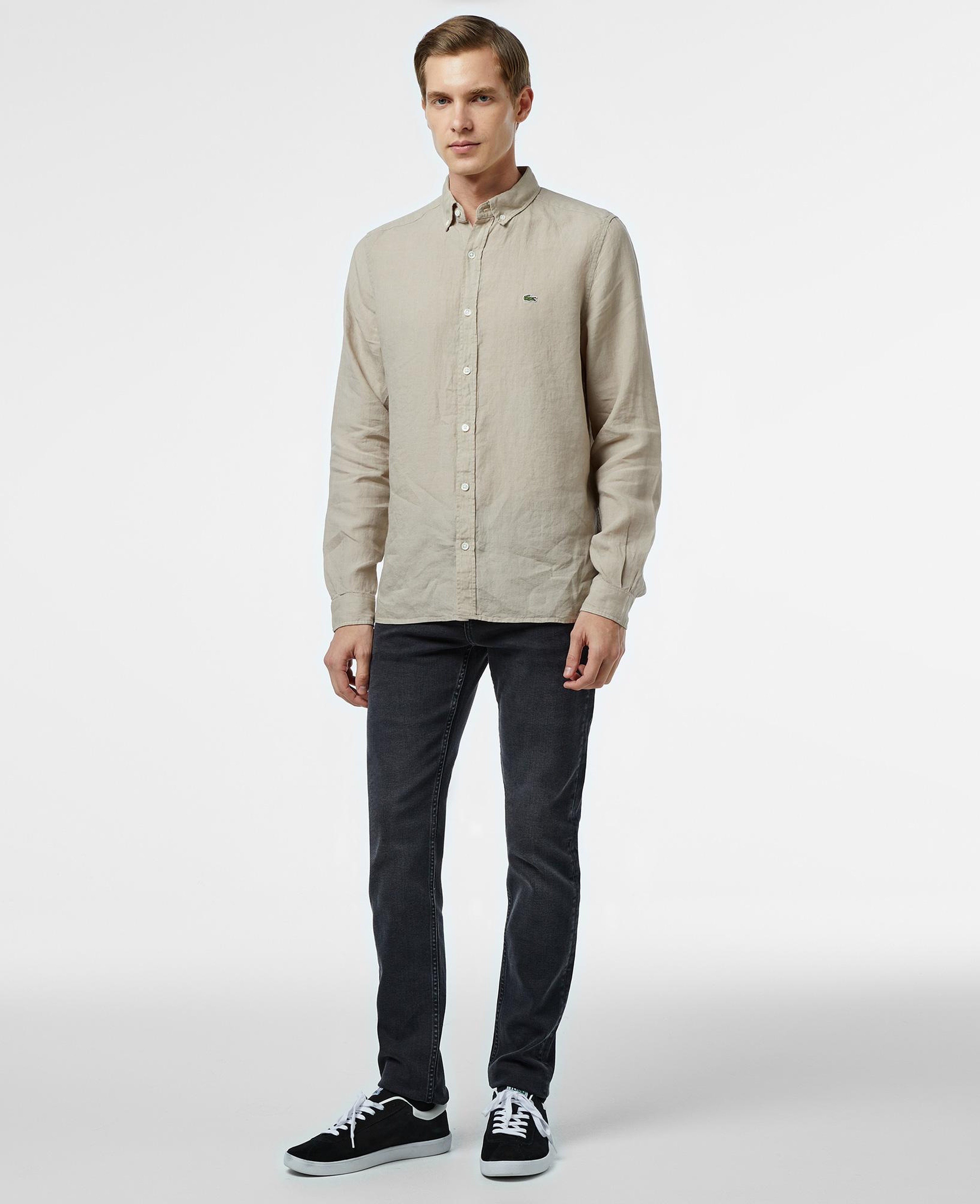 Lacoste Erkek Regular Fit Düğmeli Yaka Keten Bej Gömlek