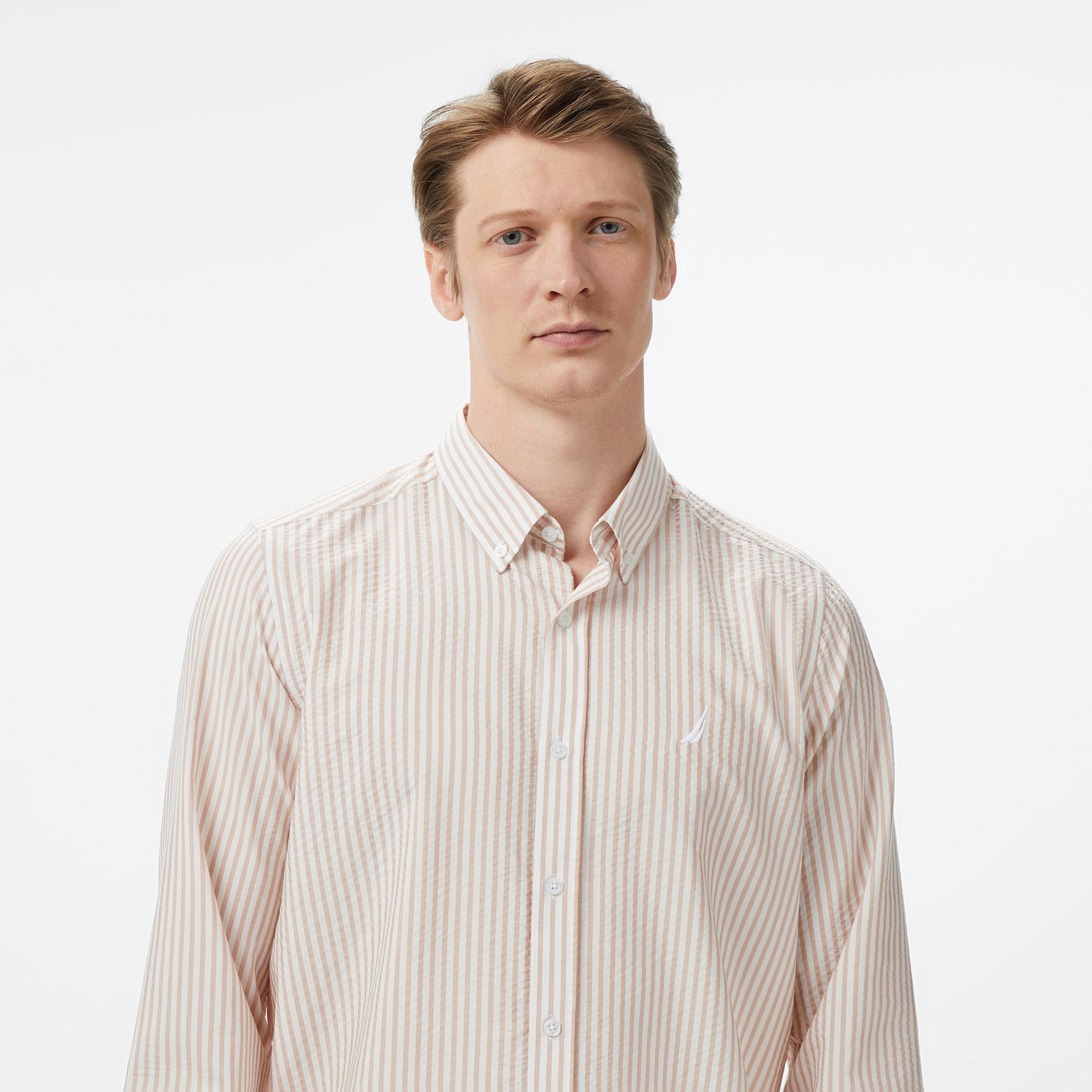 Nautica Erkek Bej Regular Fit Çizgili Gömlek