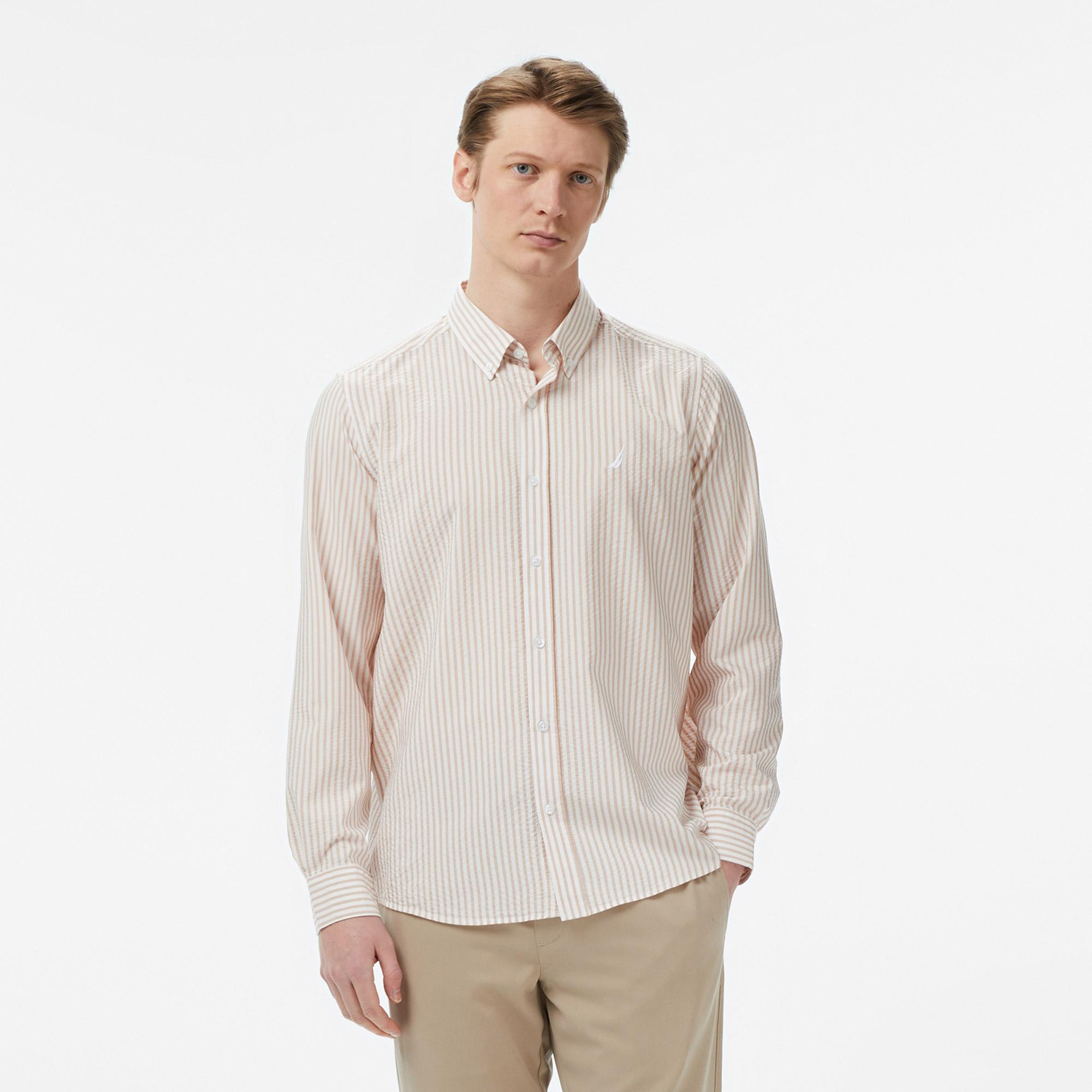 Nautica Erkek Bej Regular Fit Çizgili Gömlek