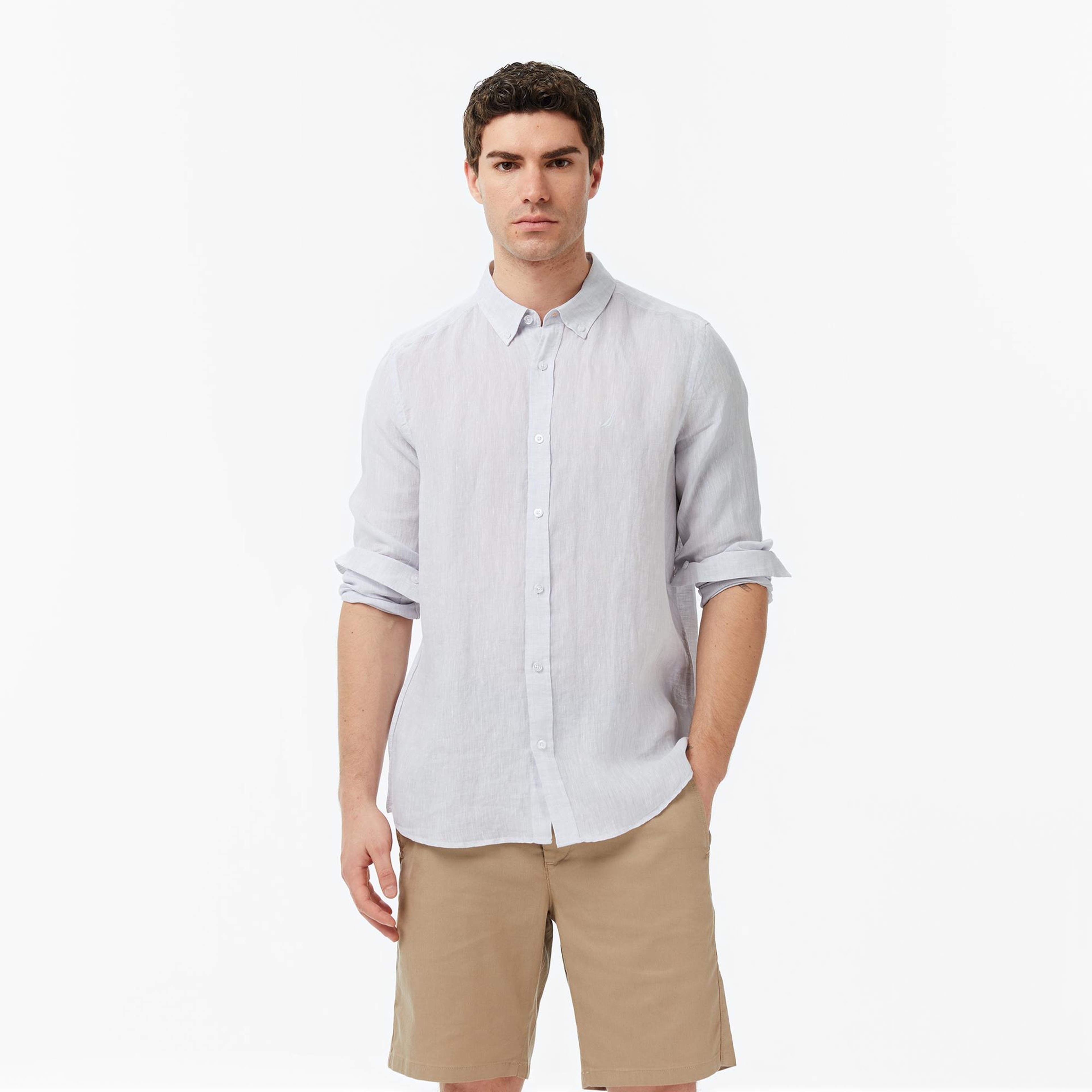 Nautica Erkek Gri Regular Fit Keten Gömlek