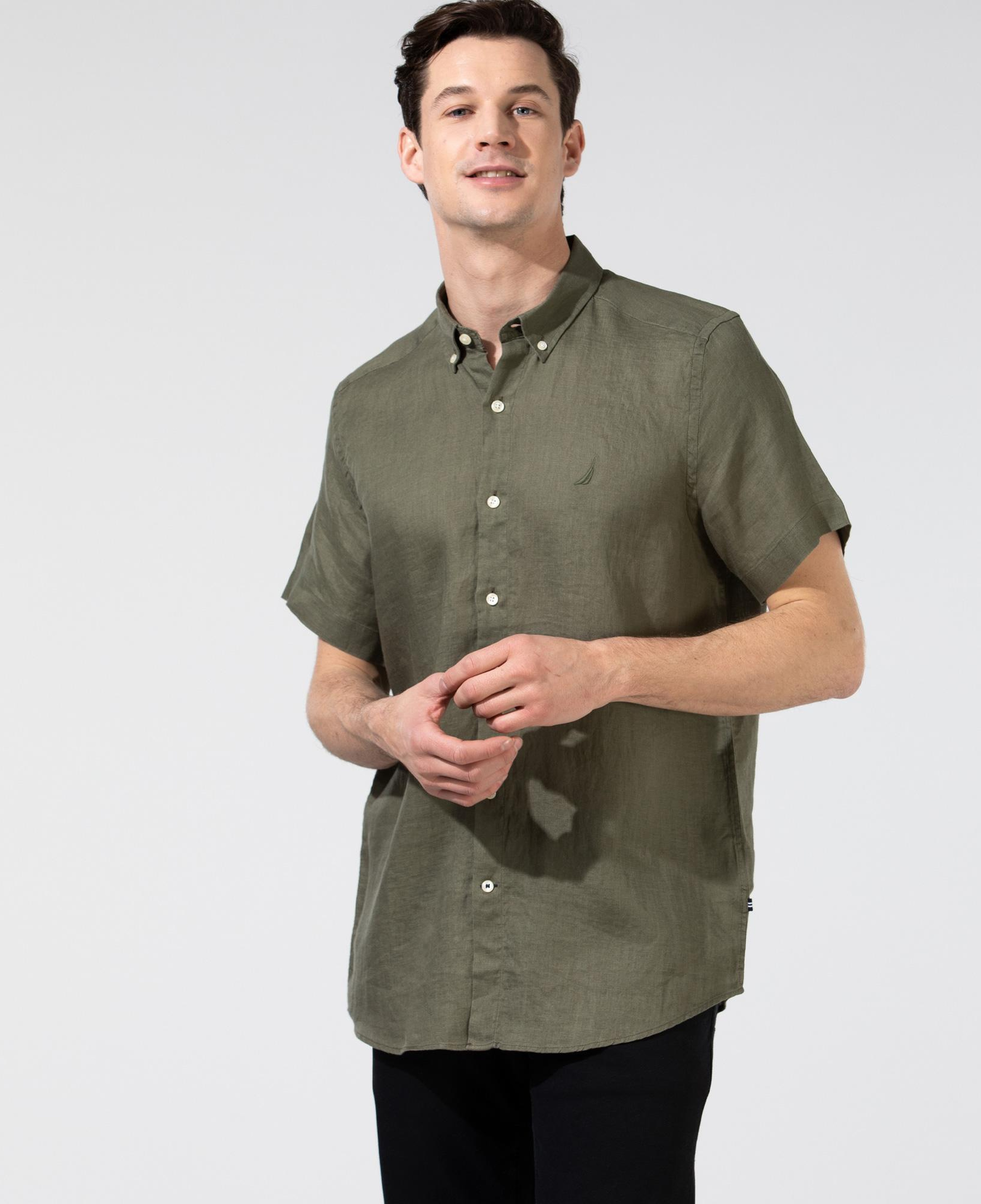 Nautica Erkek Yeşil Classic Fit Kısa Kollu Keten Gömlek
