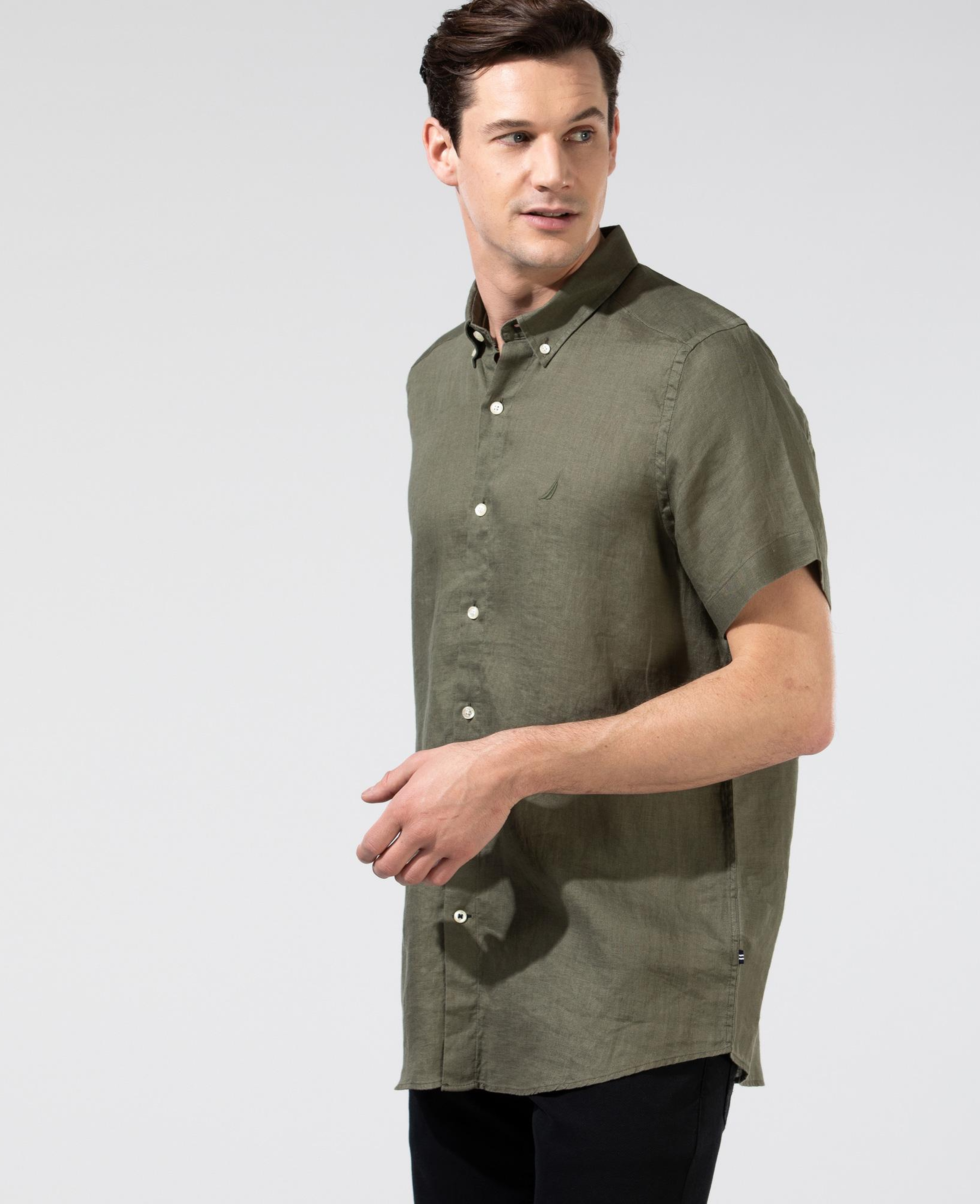 Nautica Erkek Yeşil Classic Fit Kısa Kollu Keten Gömlek
