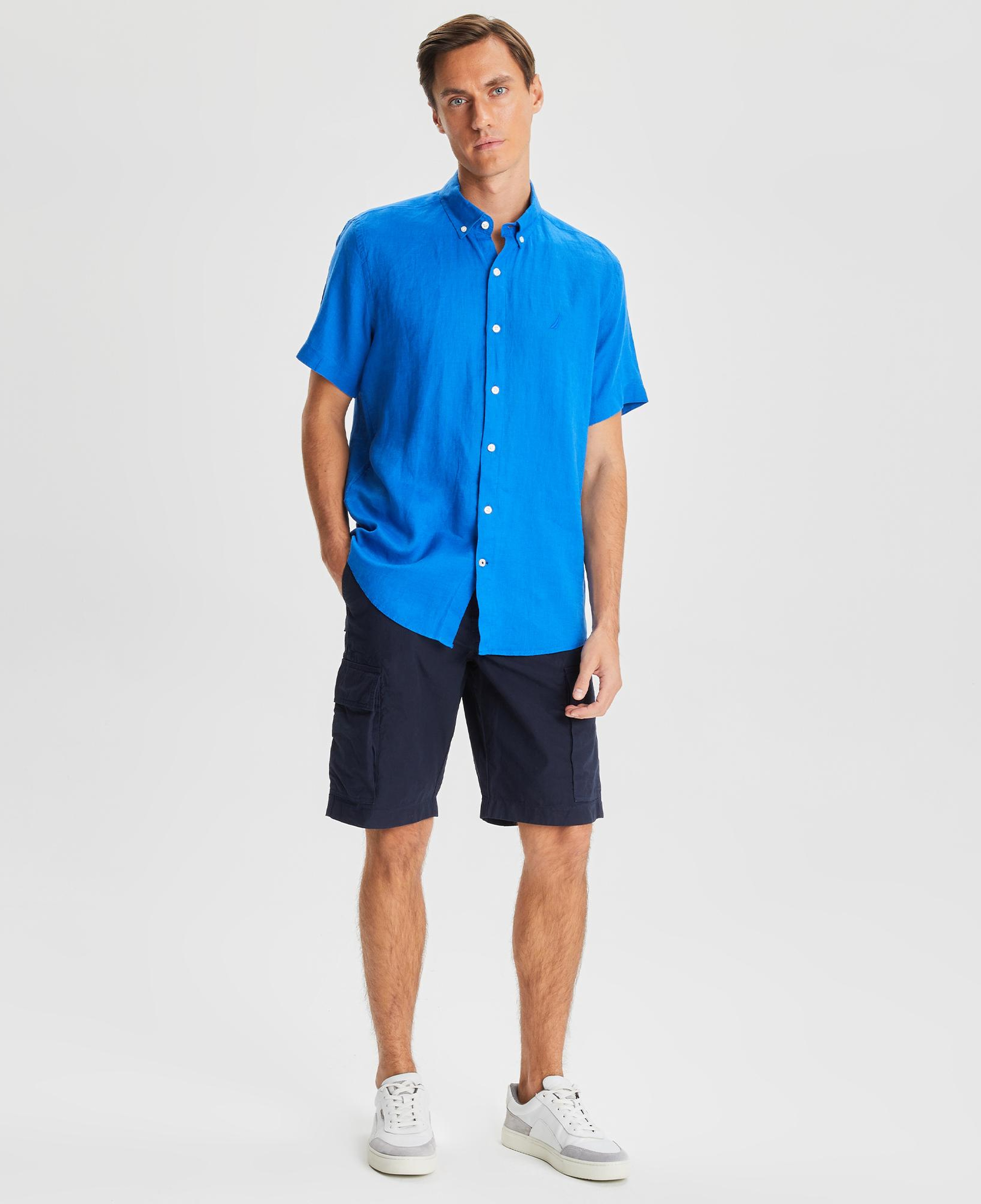 Nautica Erkek Mavi Classic Fit Kısa Kollu Keten Gömlek