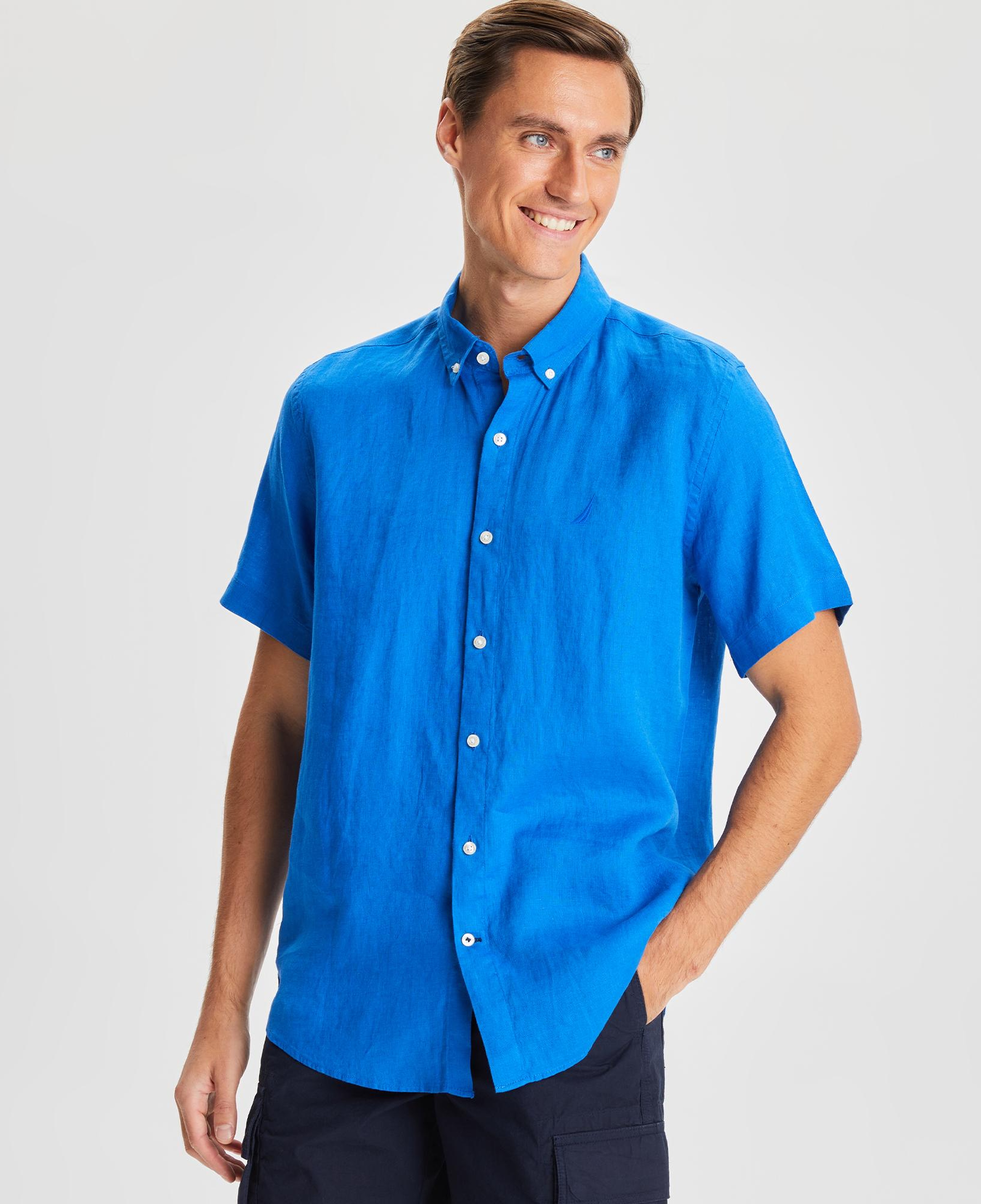 Nautica Erkek Mavi Classic Fit Kısa Kollu Keten Gömlek