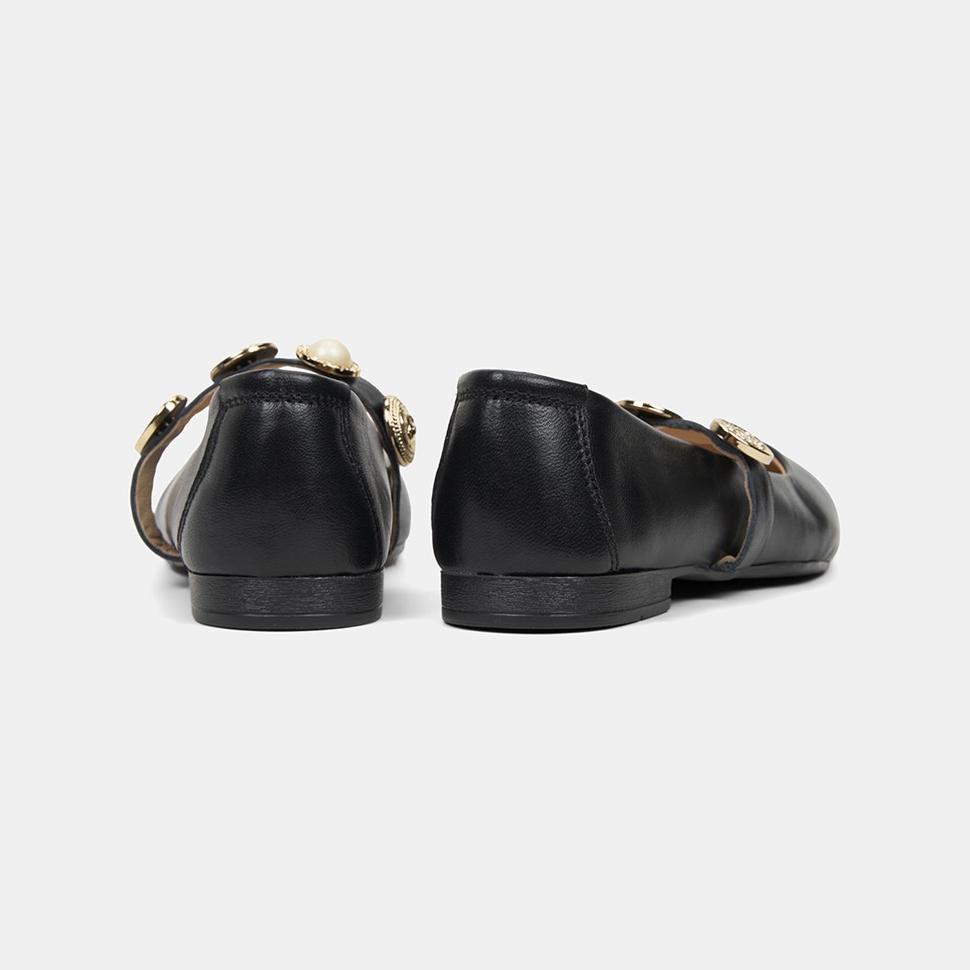 Kadın Siyah Gold Aksesuarlı Mary Jane Deri Babet
