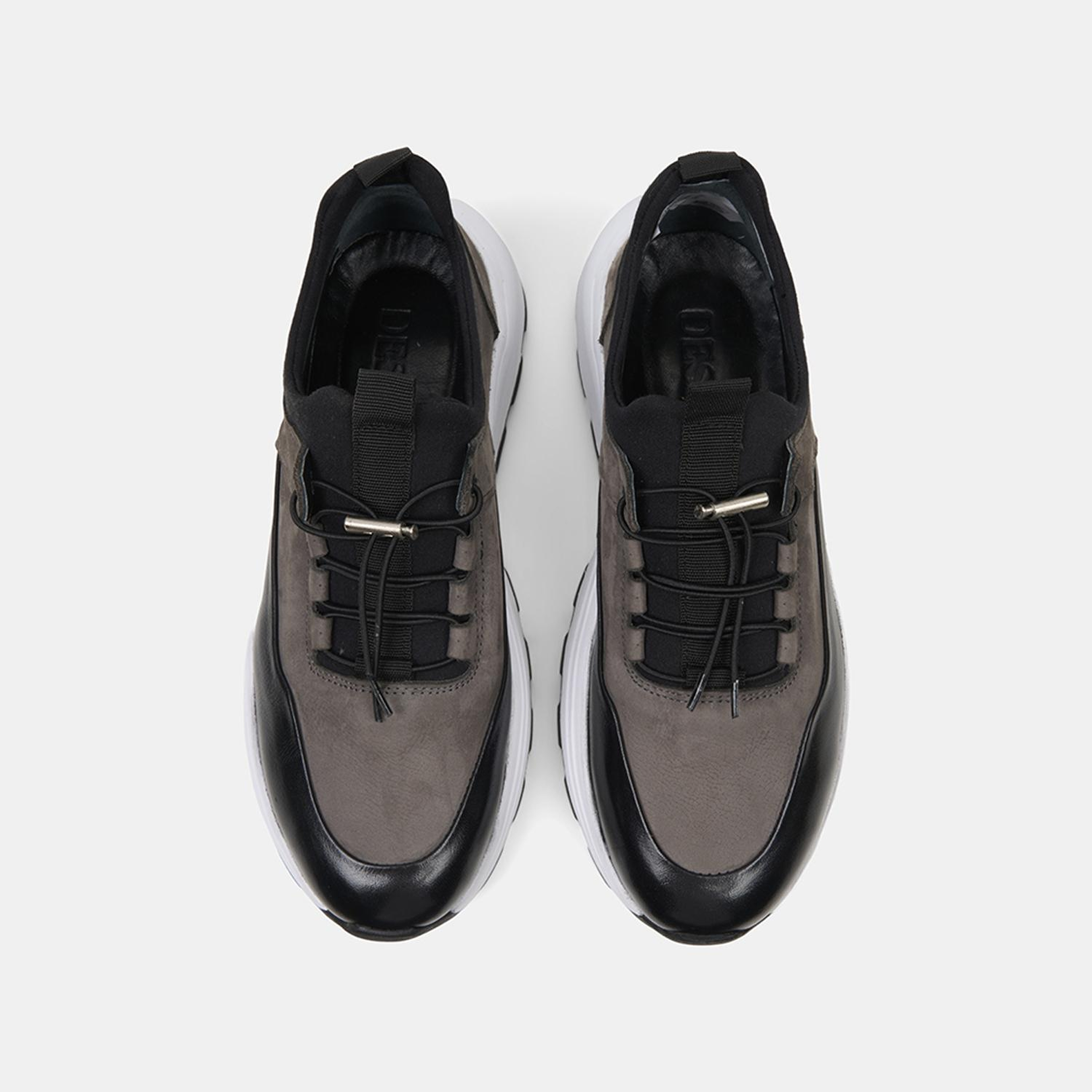 Erkek Siyah Lastik Bağcıklı Kalın Tabanlı Deri Sneaker