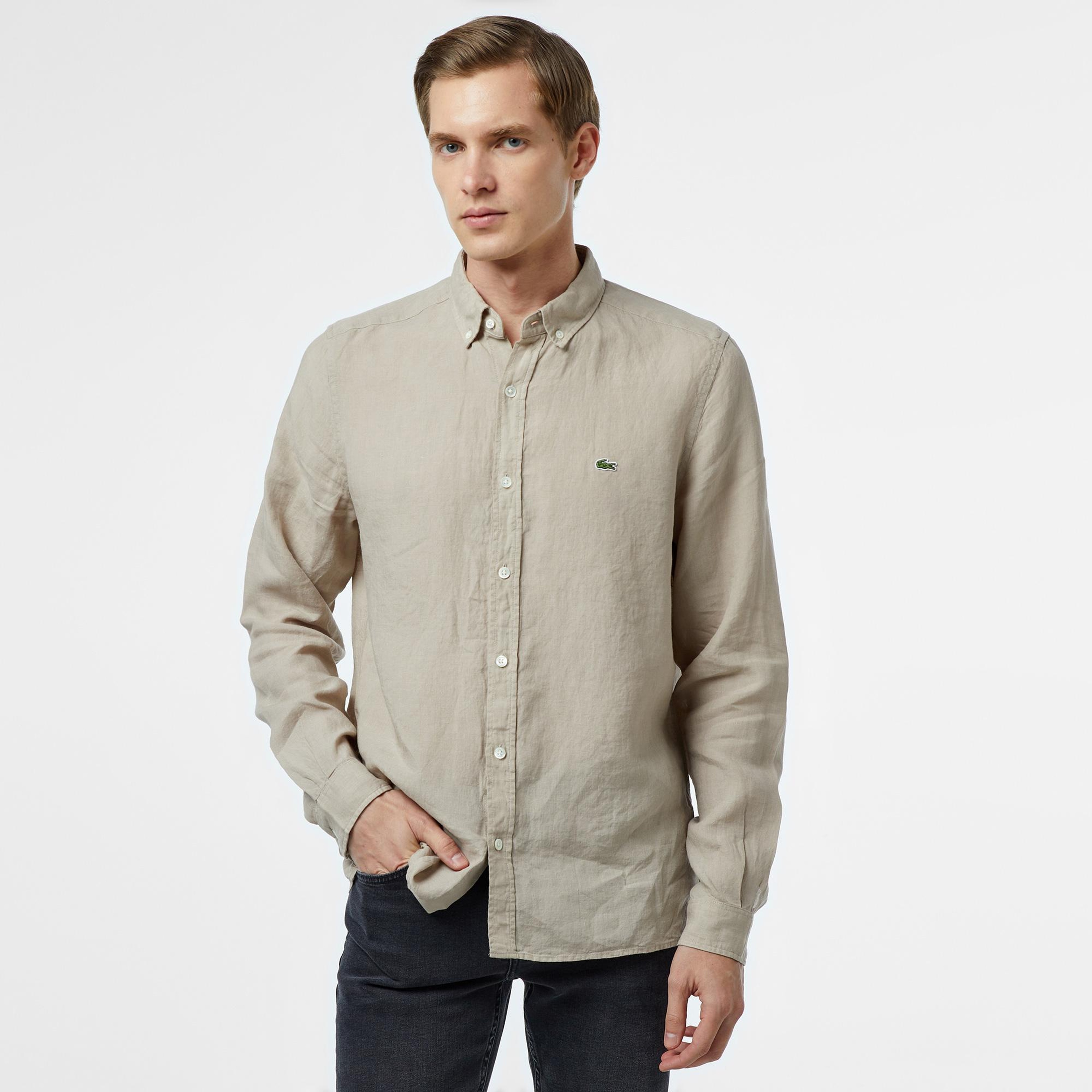 Lacoste Erkek Regular Fit Düğmeli Yaka Keten Bej Gömlek