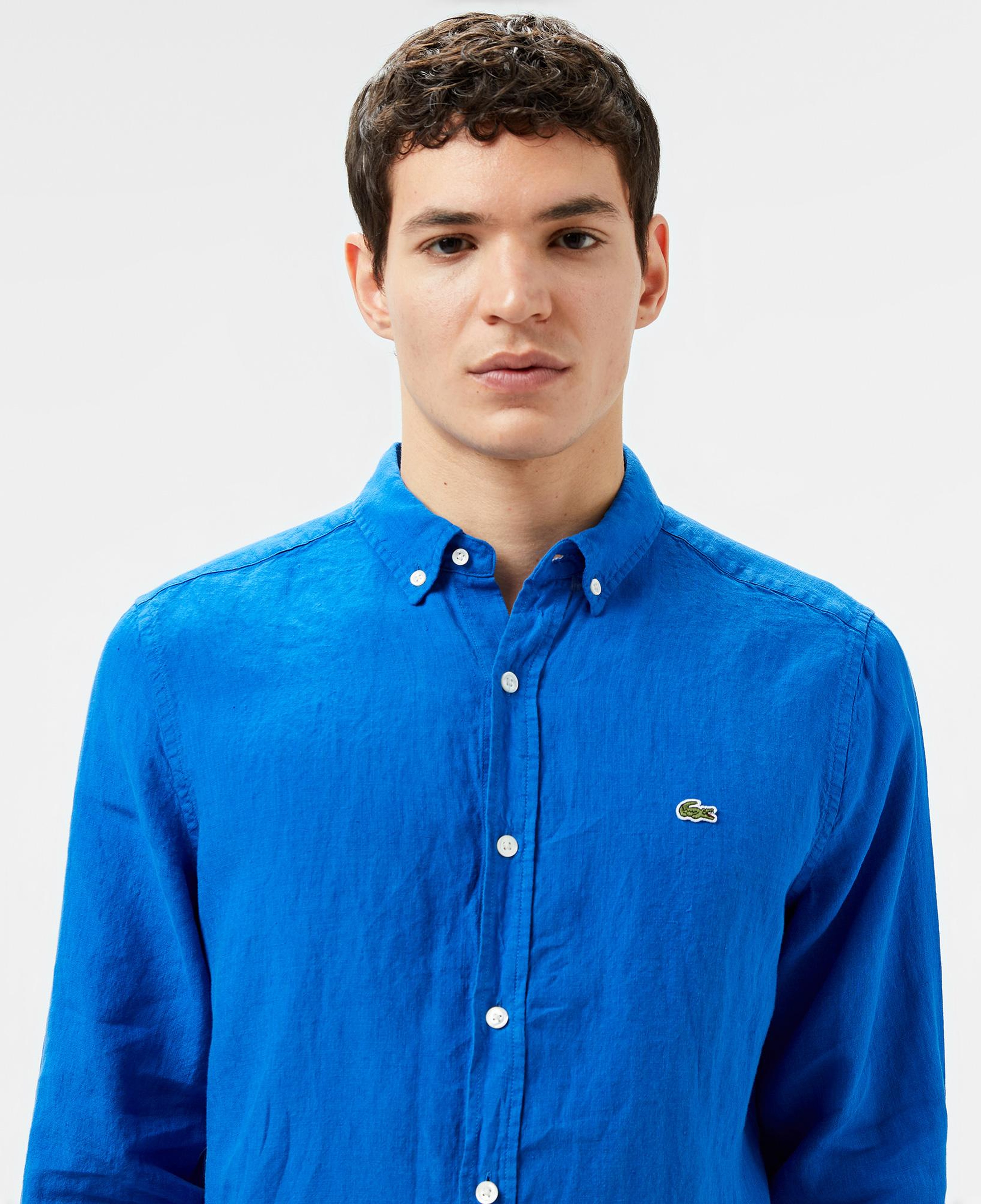 Lacoste Erkek Regular Fit Düğmeli Yaka Keten Mavi Gömlek
