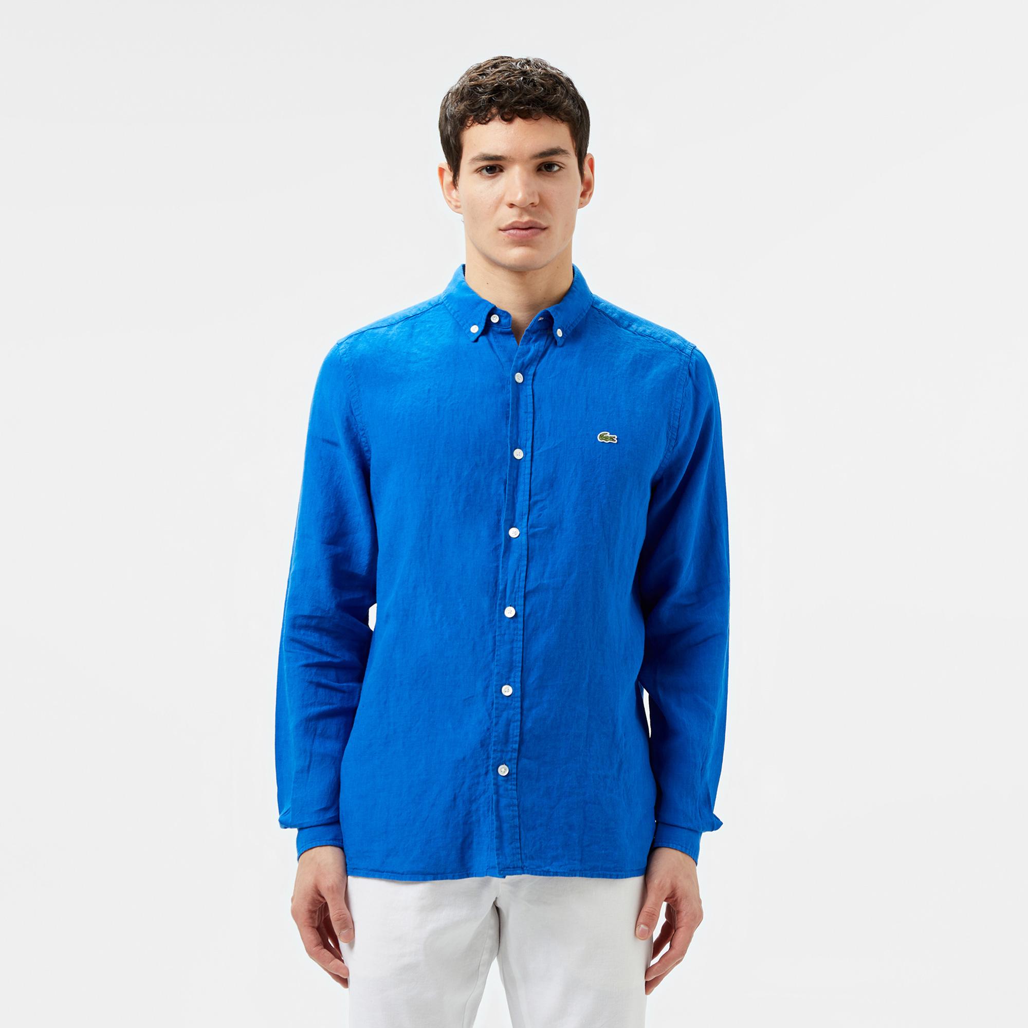 Lacoste Erkek Regular Fit Düğmeli Yaka Keten Mavi Gömlek