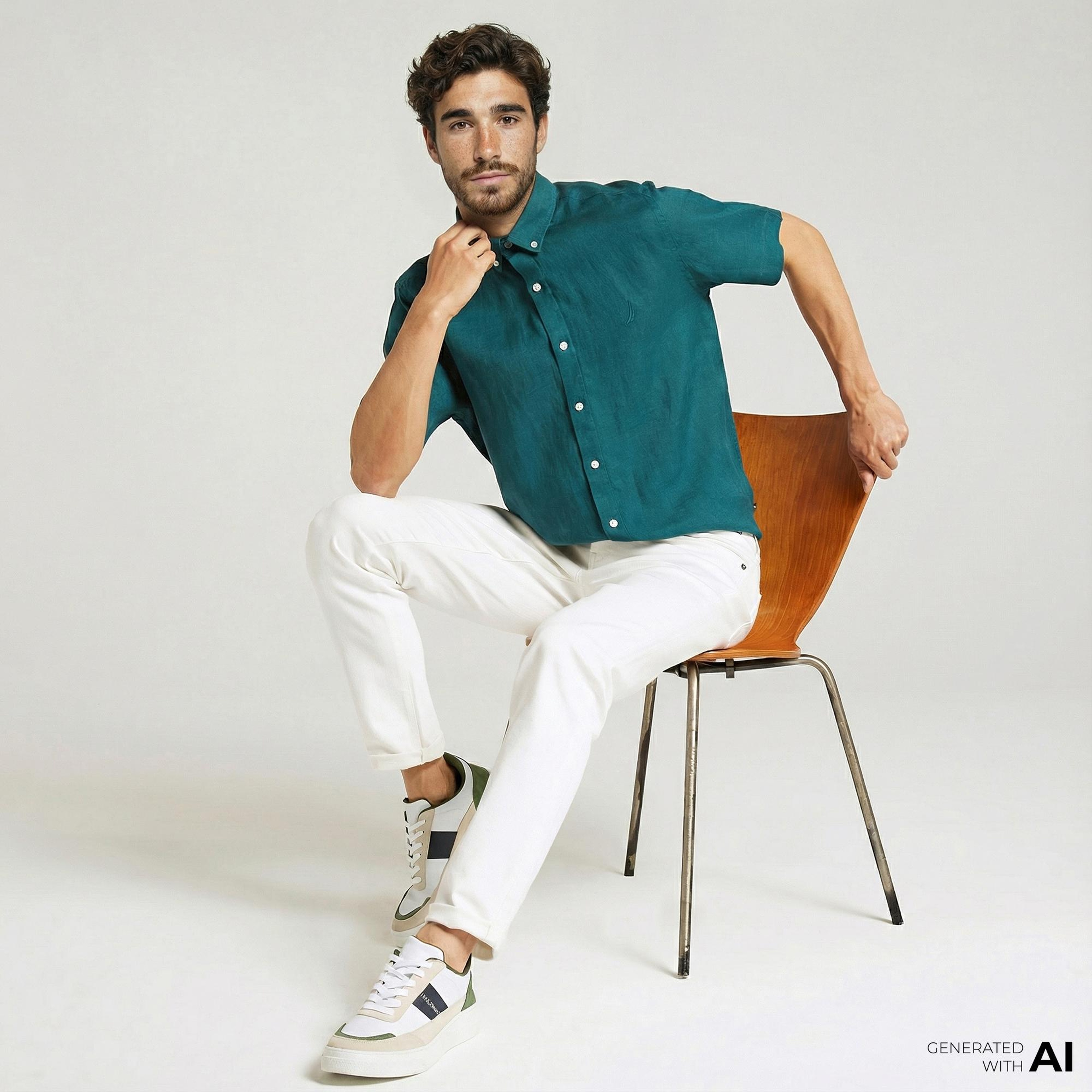 Nautica Erkek Yeşil Classic Fit Kısa Kollu Keten Gömlek