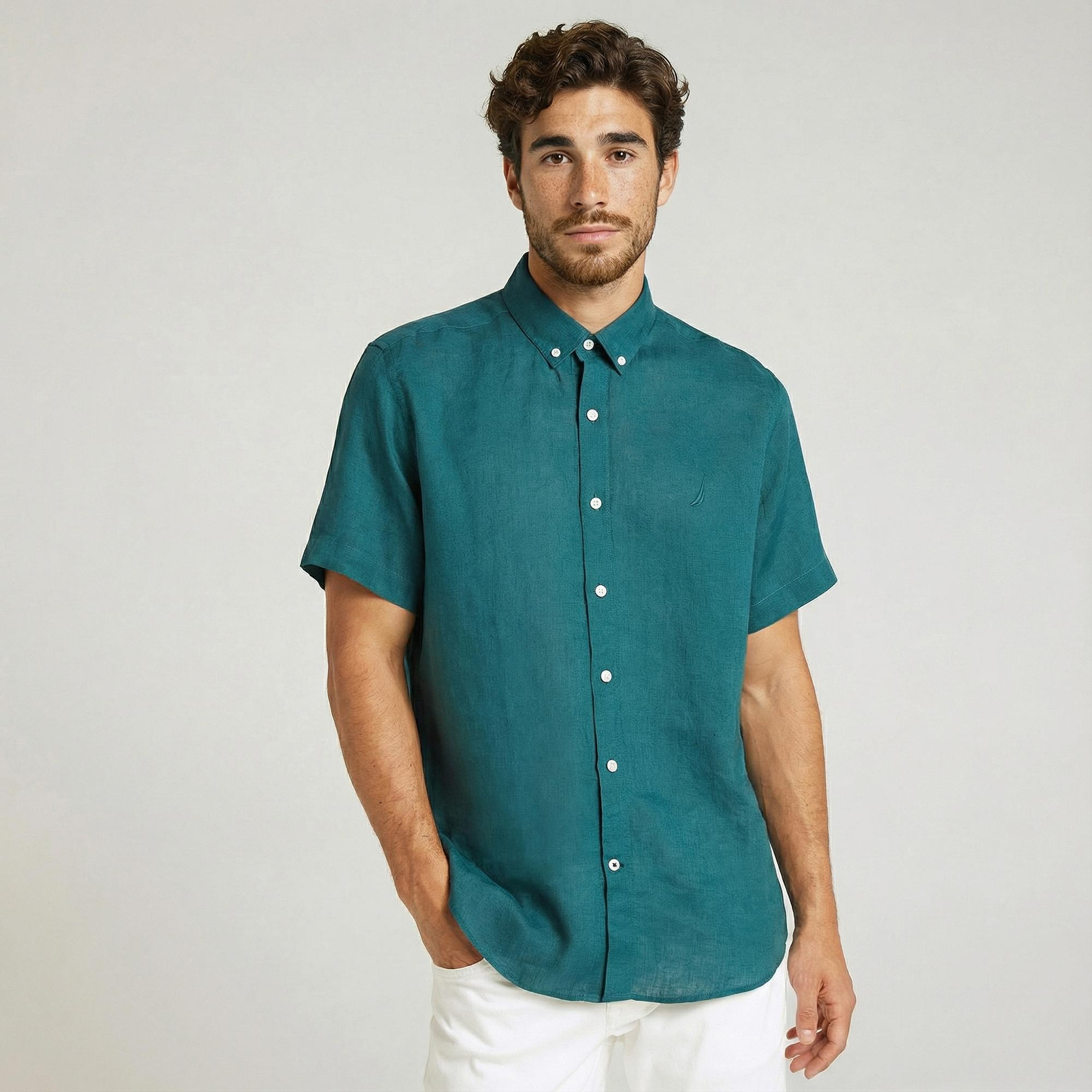 Nautica Erkek Yeşil Classic Fit Kısa Kollu Keten Gömlek