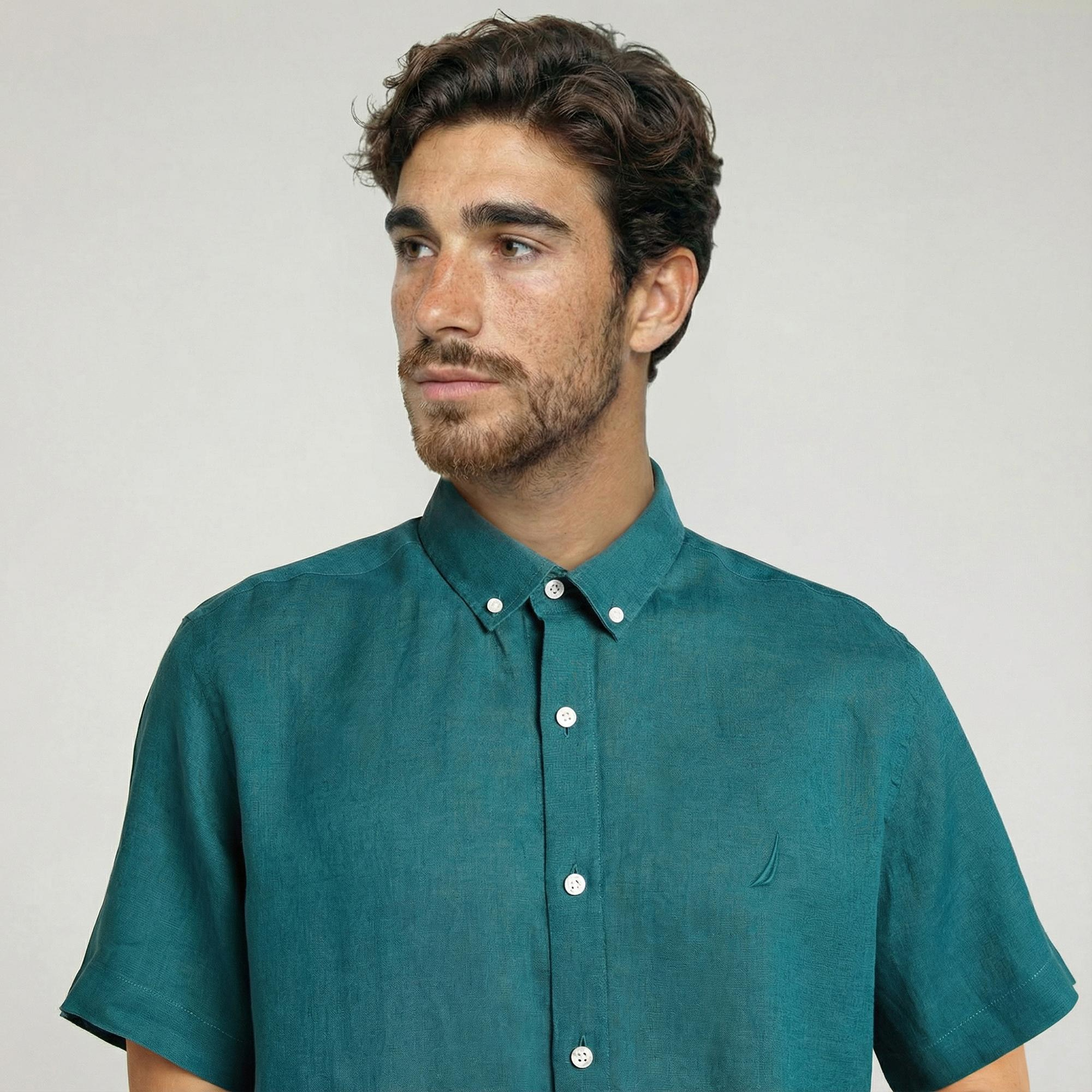 Nautica Erkek Yeşil Classic Fit Kısa Kollu Keten Gömlek