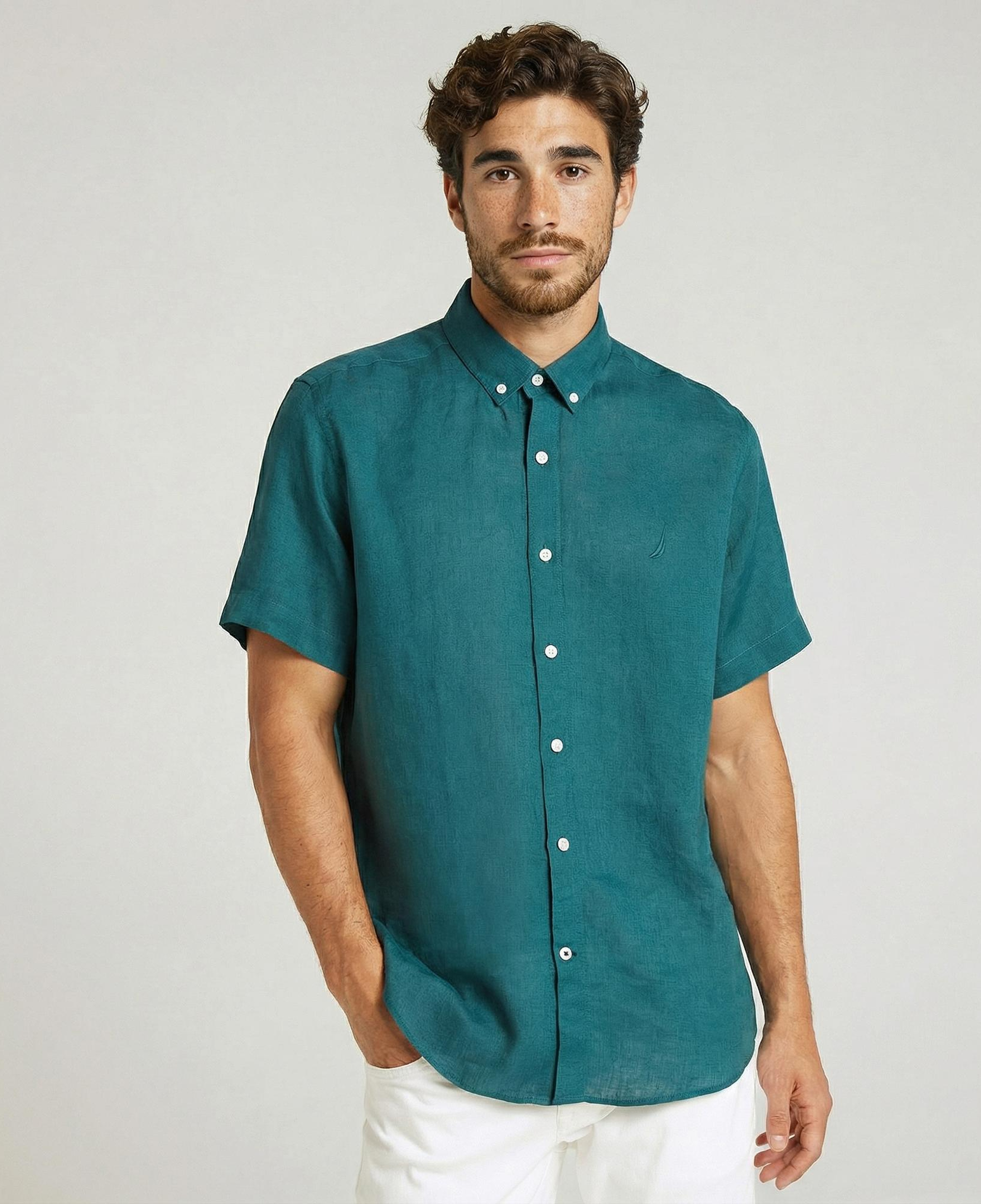 Nautica Erkek Yeşil Classic Fit Kısa Kollu Keten Gömlek