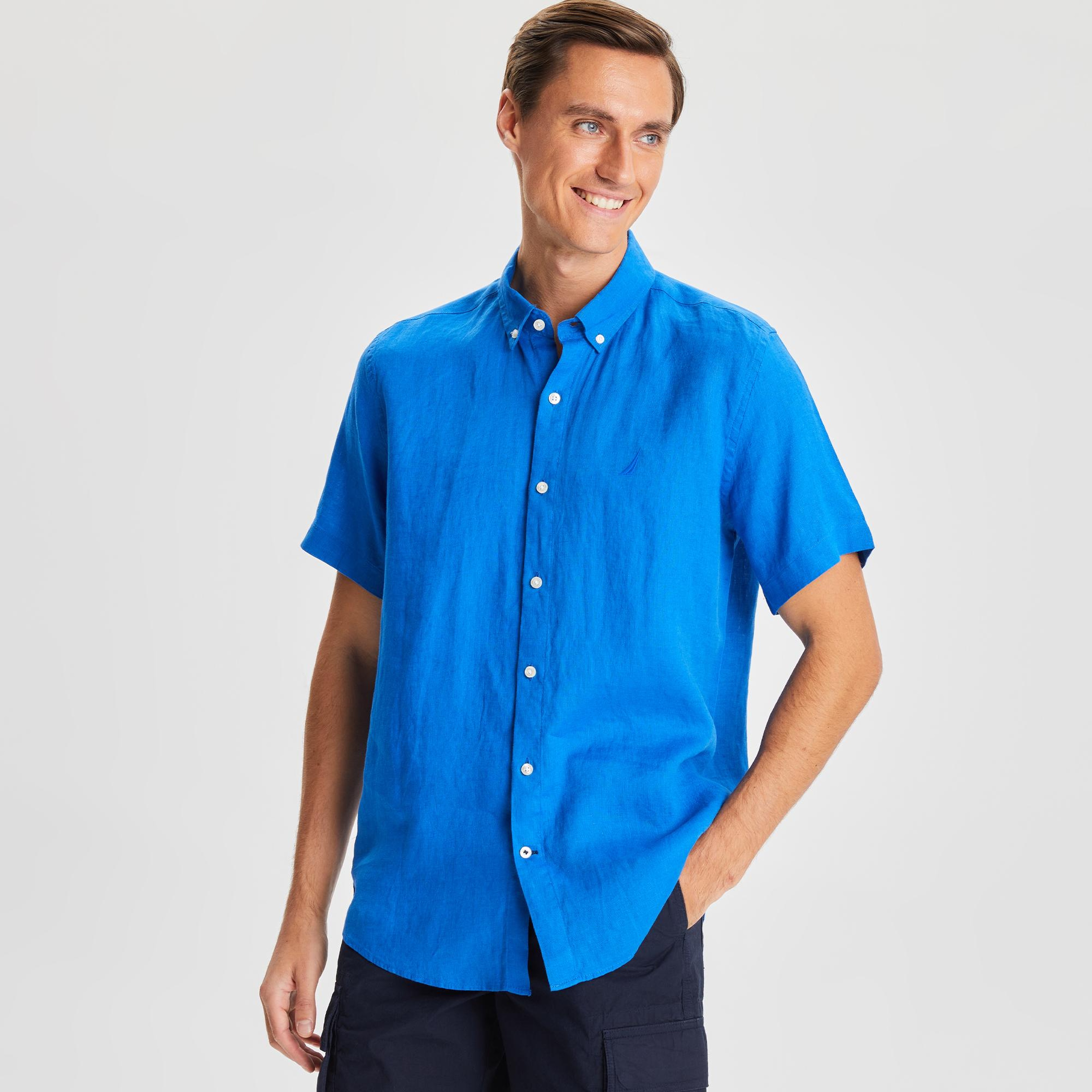 Nautica Erkek Mavi Classic Fit Kısa Kollu Keten Gömlek